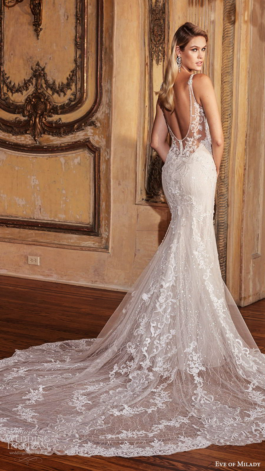 eve of milady fall 2018 bridal sleeveless illusion straps deep v neck fully embellished lace trumpet mermaid sheath wedding dress (3) elegant glam chapel train bv