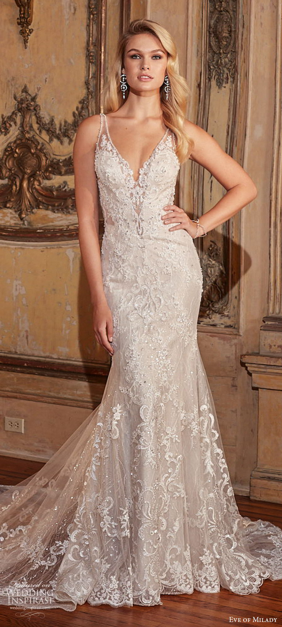 eve of milady fall 2018 bridal sleeveless illusion straps deep v neck fully embellished lace trumpet mermaid sheath wedding dress (3) elegant glam chapel train mv