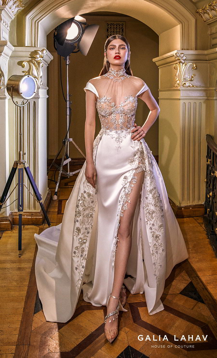 galia lahav s2020 couture bridal cap sleeves illusion high neck sweetheart neckline heavily embellished bustier slit skirt glamorous a  line wedding dress sheer back chapel train (miranda) mv