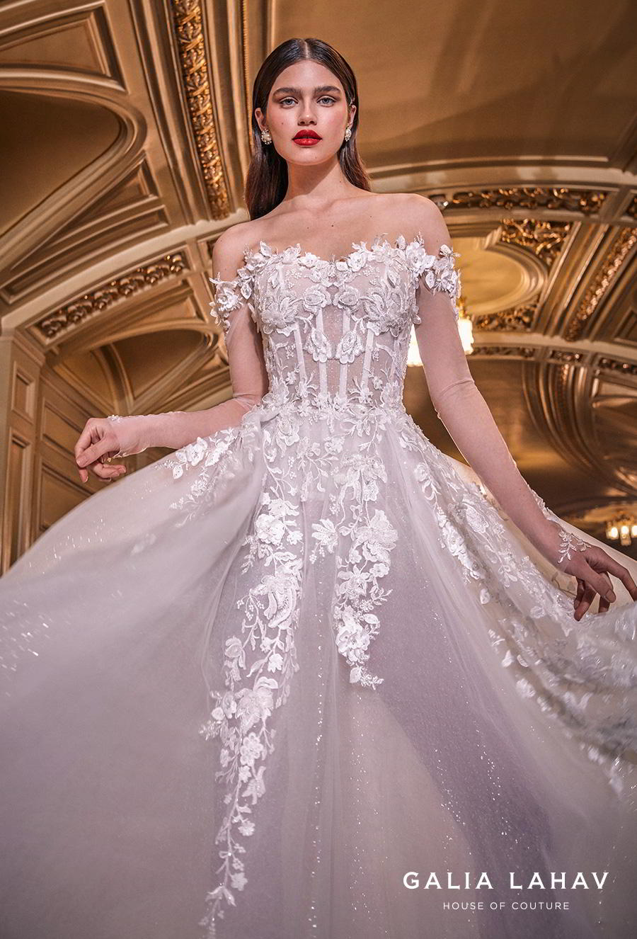 galia lahav s2020 couture bridal off the shoulder sweetheart neckline heavily embellished bodice bustier romantic princess a  line wedding dress mid back chapel train (lynn) zv