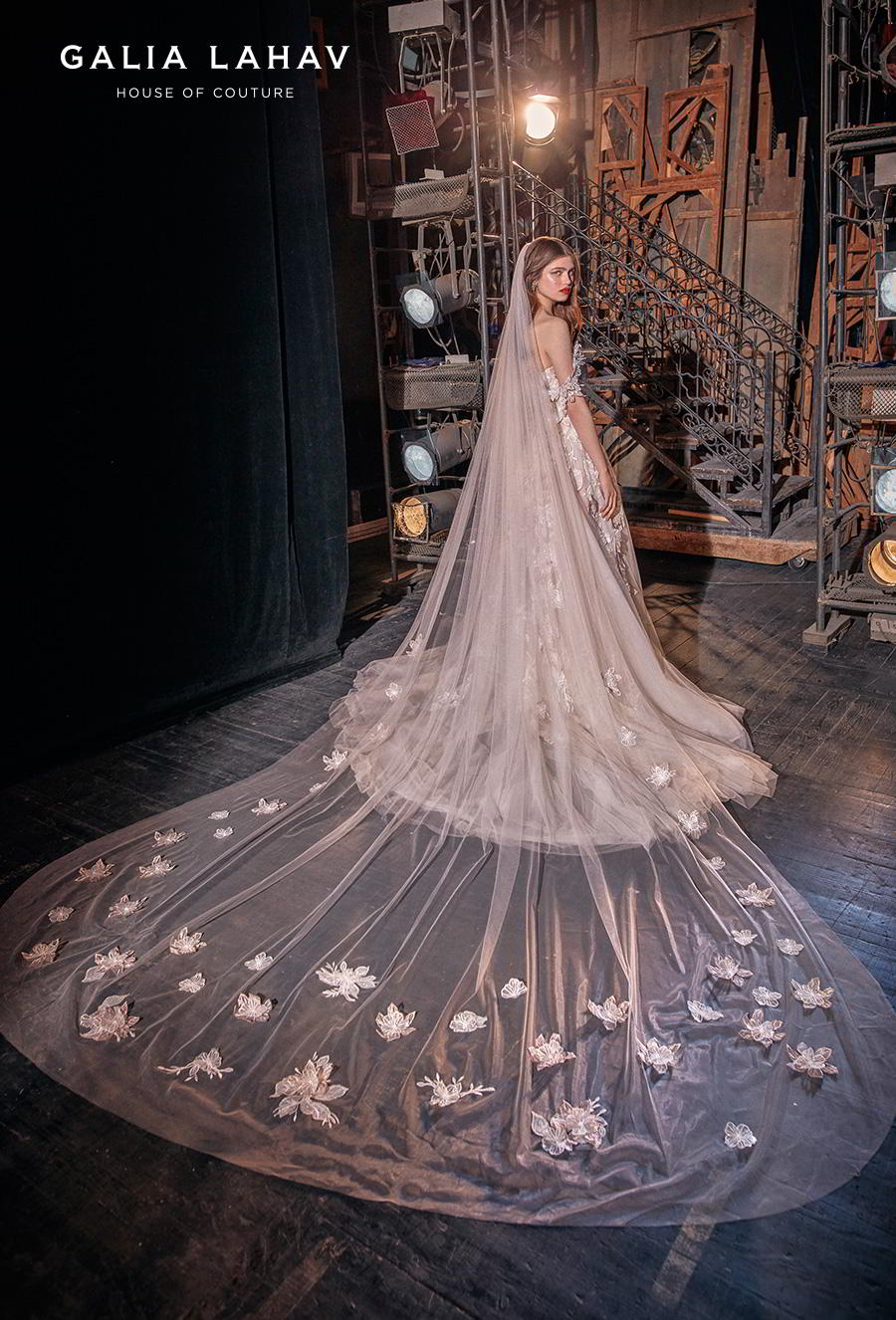 galia lahav s2020 couture bridal off the shoulder sweetheart neckline heavily embellished romantic blush a  line wedding dress mid back chapel train (kalia) bv 