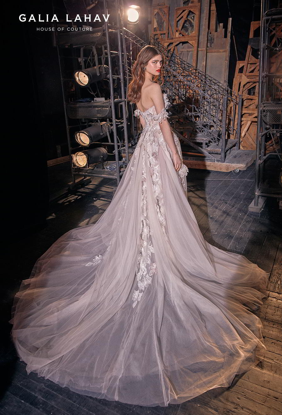 galia lahav s2020 couture bridal off the shoulder sweetheart neckline heavily embellished romantic blush a  line wedding dress mid back chapel train (kalia) bv