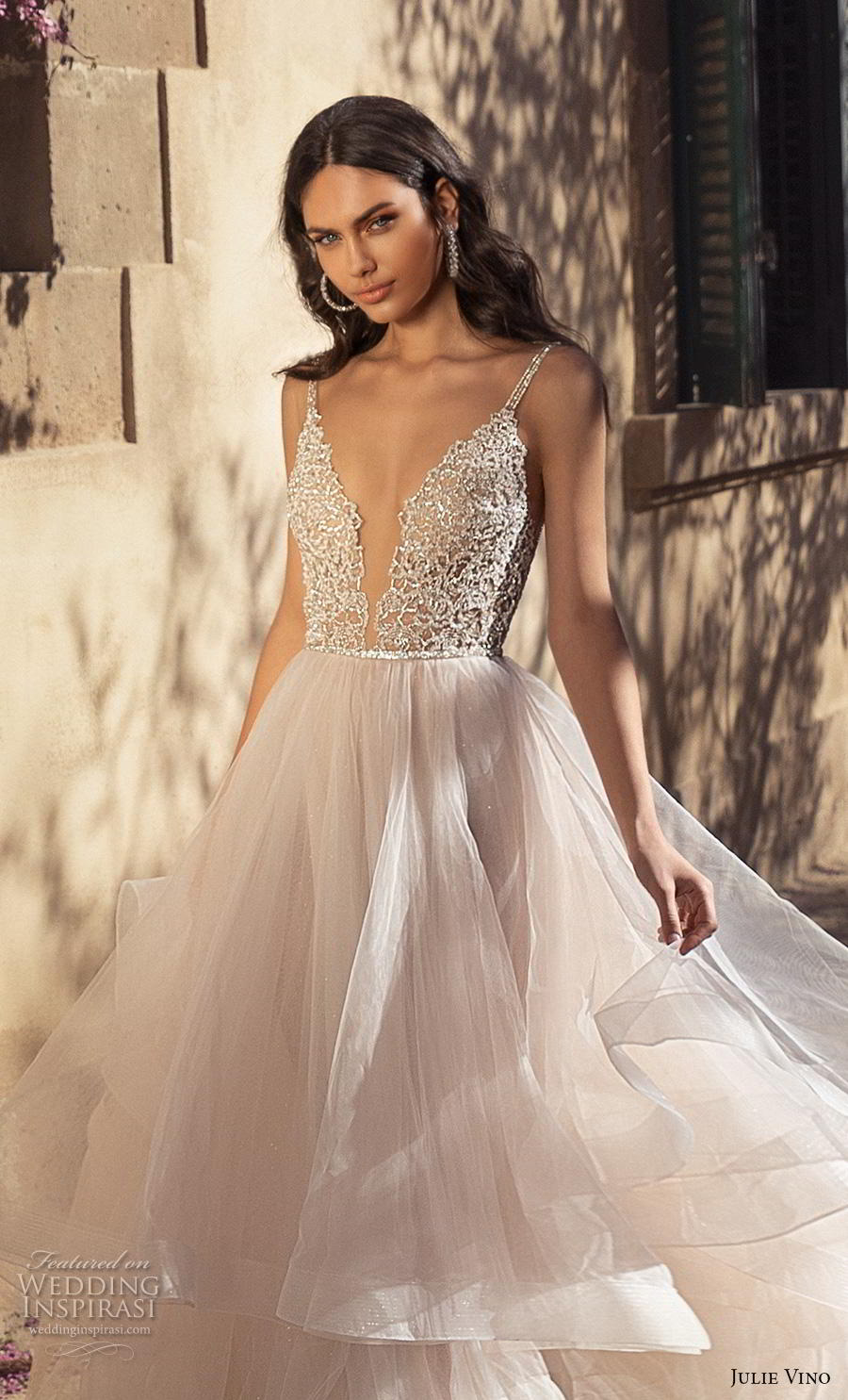 julie vino 2020 barcelona bridal sleeveless thin strap deep sweetheart neckline heavily embellished bodice tulle skirt romantic blush soft a  line wedding dress keyhole back royal train (2) zv