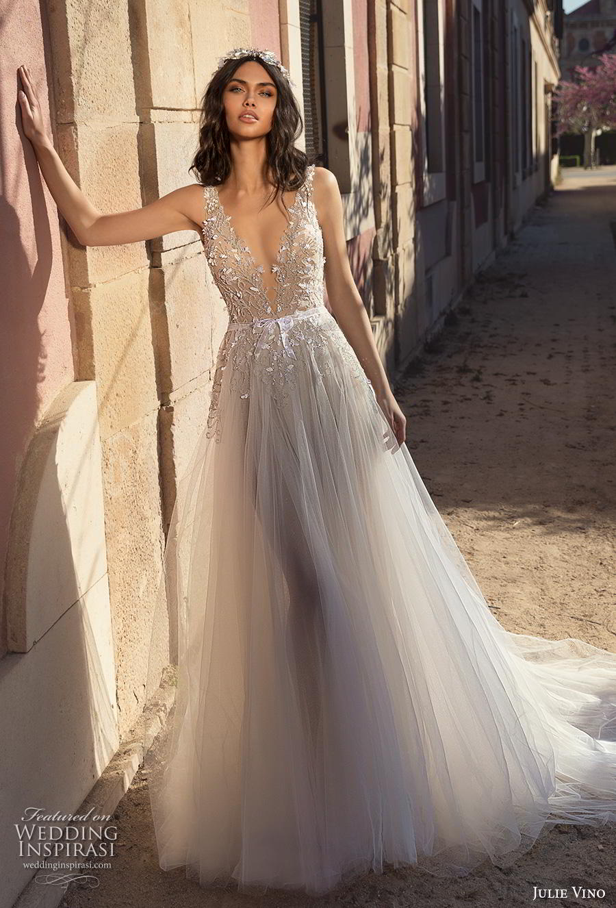 julie vino 2020 barcelona bridal sleeveless with strap deep v neck heavily embellished bodice tulle skirt romantic soft a  line wedding dress backless scoop back chapel train (1) mv