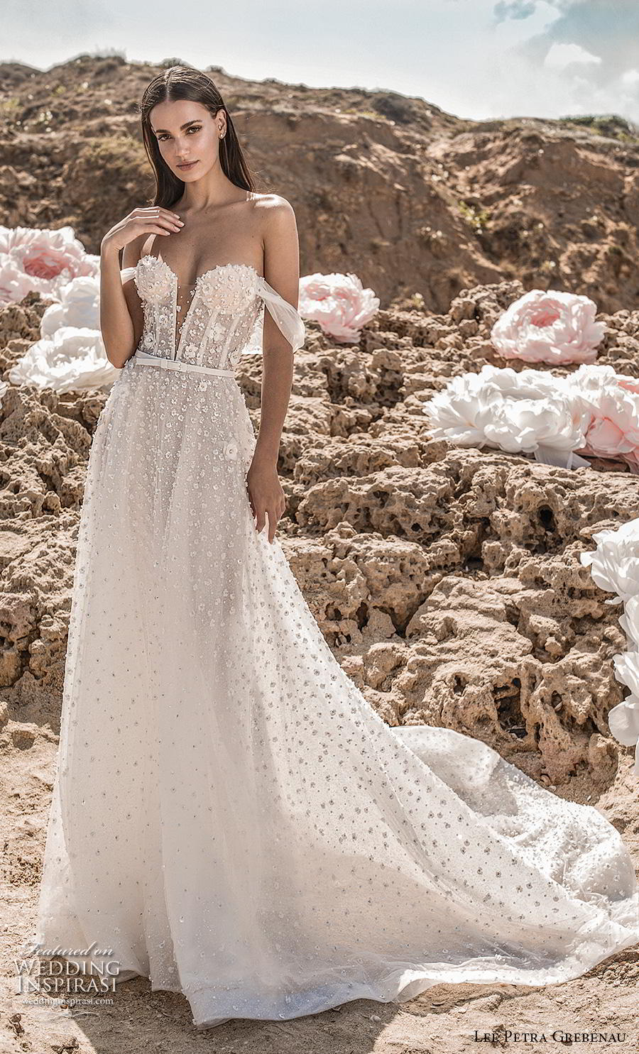 lee petra grebenau fall 2019 bridal off the shoulder deep plunging sweetheart neckline  full embellishment romantic a  line wedding dress backless chapel train (5) mv