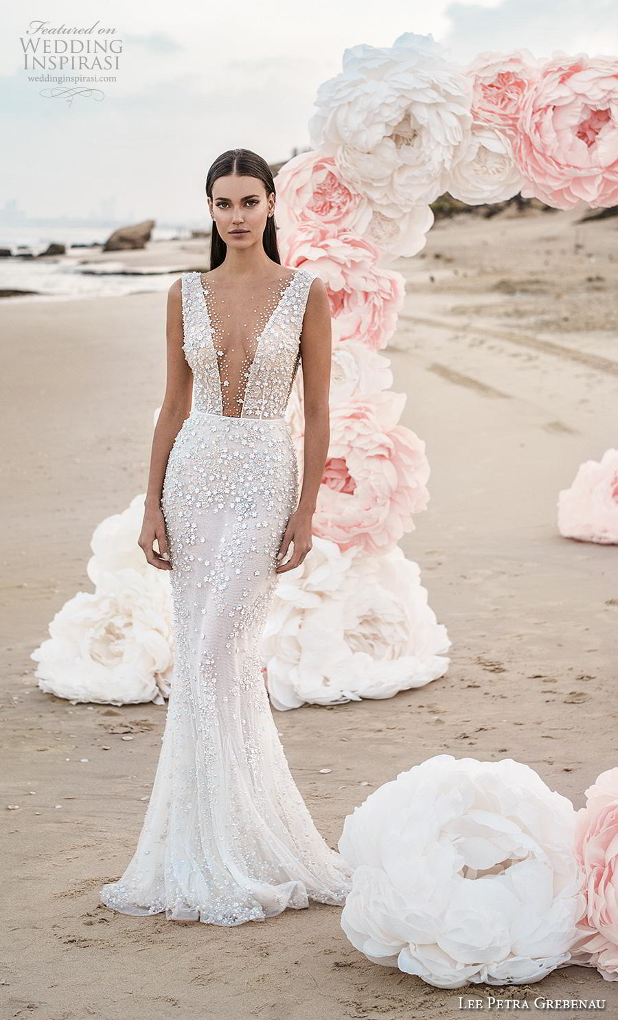 lee petra grebenau fall 2019 bridal sleeveless deep v neck full embellishment sexy elegant fit and flare sheath wedding dress backless low v back sweep train (1) mv 