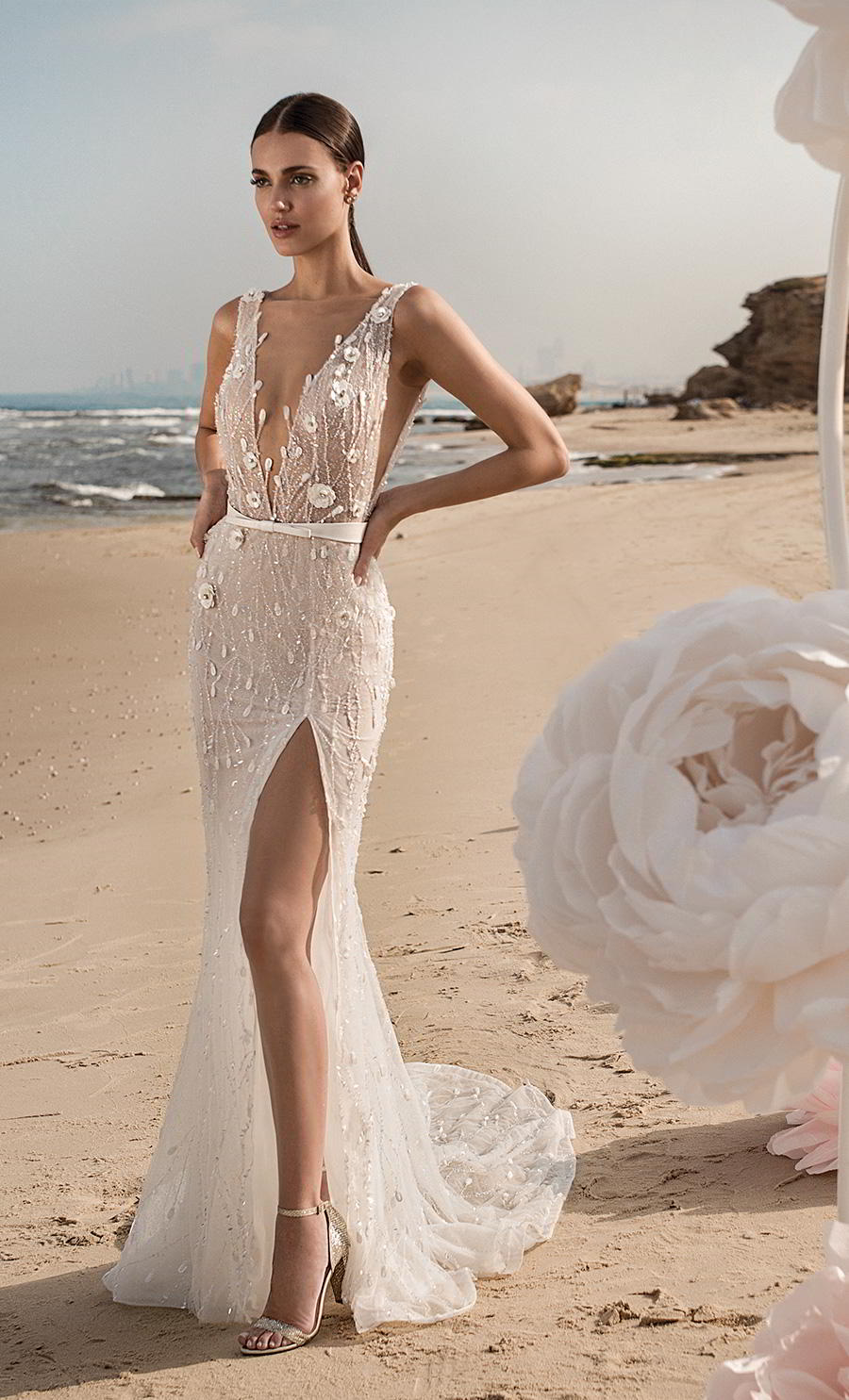 lee petra grebenau fall 2019 bridal sleeveless with strap deep v neck full embellishment slit skirt romantic fit and flare wedding dress low v back chapel train (6) mv