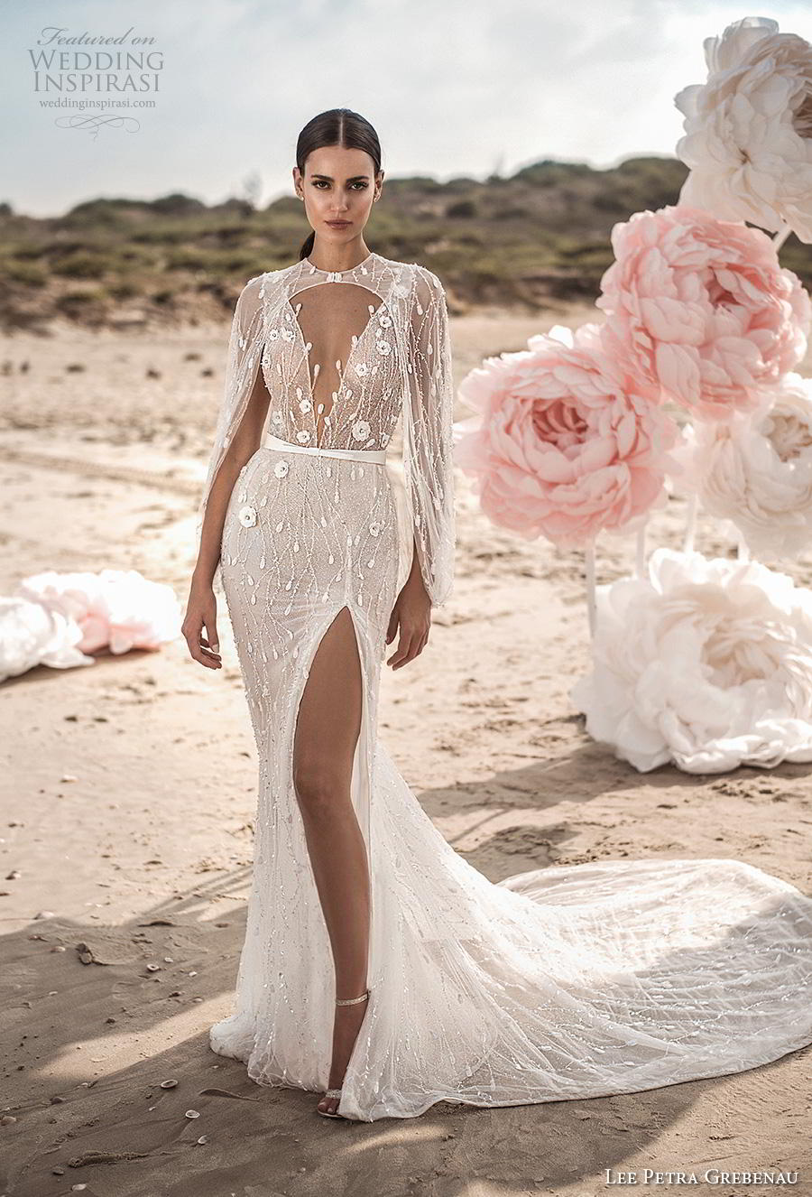 lee petra grebenau fall 2019 bridal sleeveless with strap deep v neck full embellishment slit skirt romantic fit and flare wedding dress wth capelet low v back chapel train (6) mv