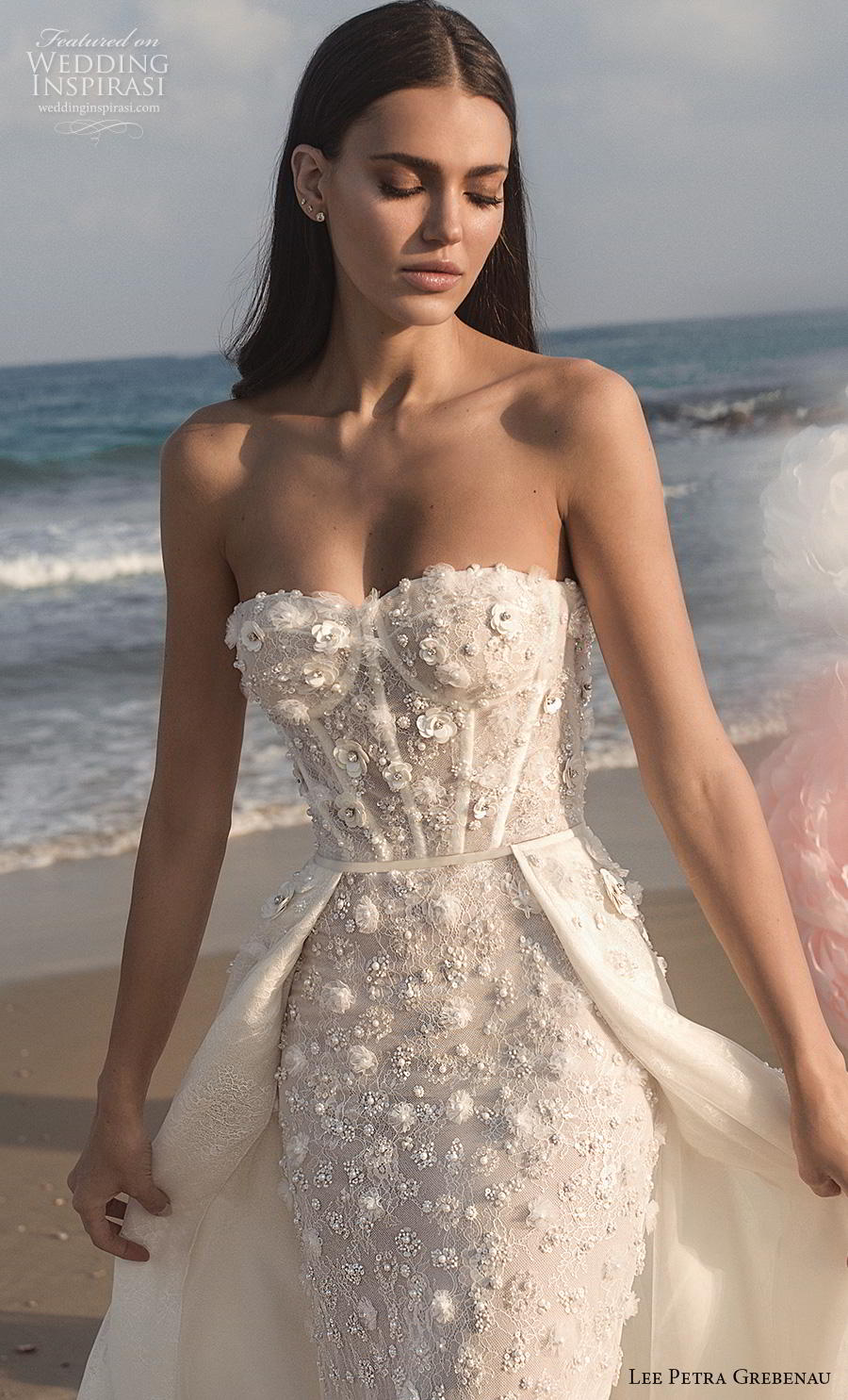 lee petra grebenau fall 2019 bridal strapless sweetheart neckline bustier full embellishment romantic a  line wedding dress overskirt mid back chapel train (3) zv