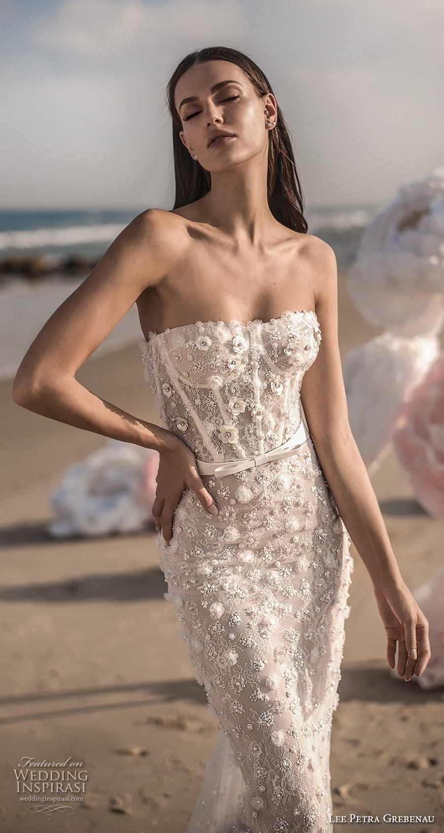 lee petra grebenau fall 2019 bridal strapless sweetheart neckline bustier full embellishment romantic fit and flare sheath wedding dress mid back chapel train (3) zv