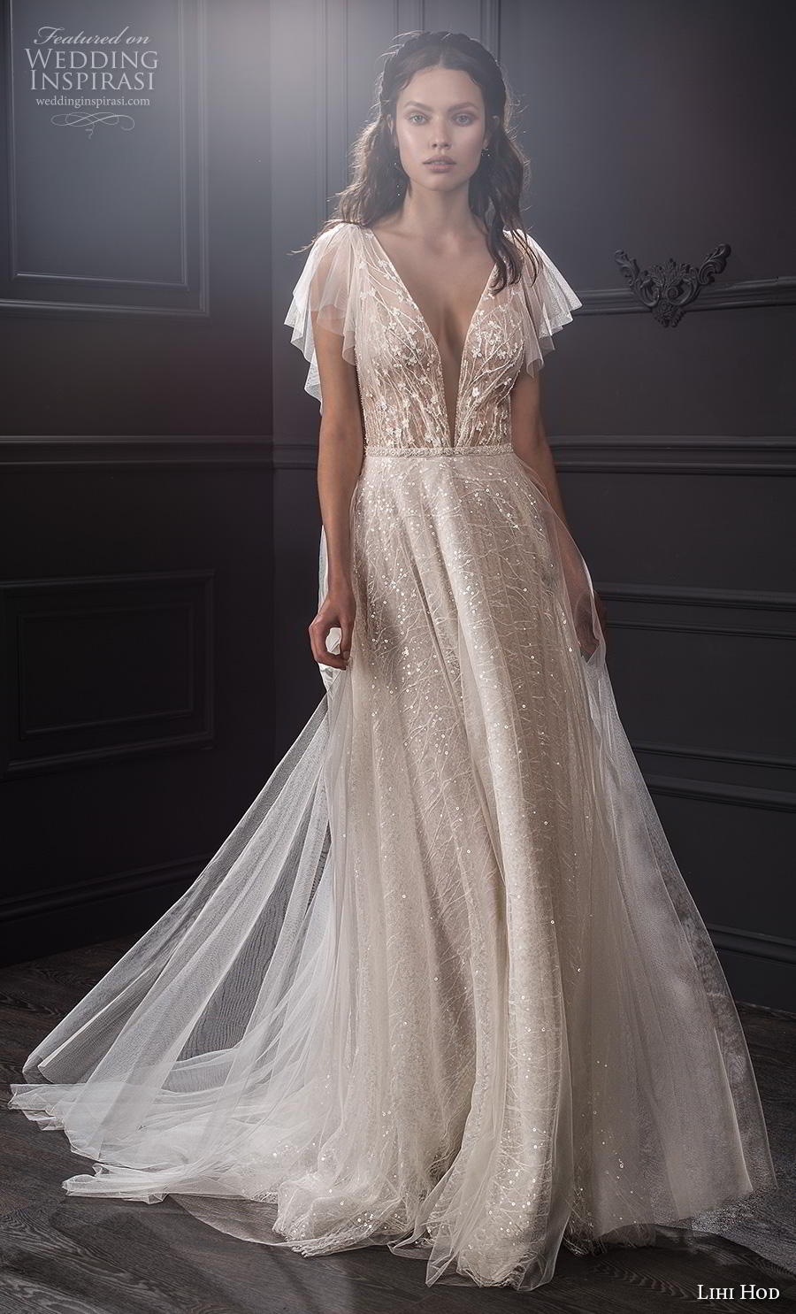 lihi hod spring 2020 bridal butterfly sleeves deep v neck heavily embellished bodice romantic soft a  line wedding dress medium train (6) mv 