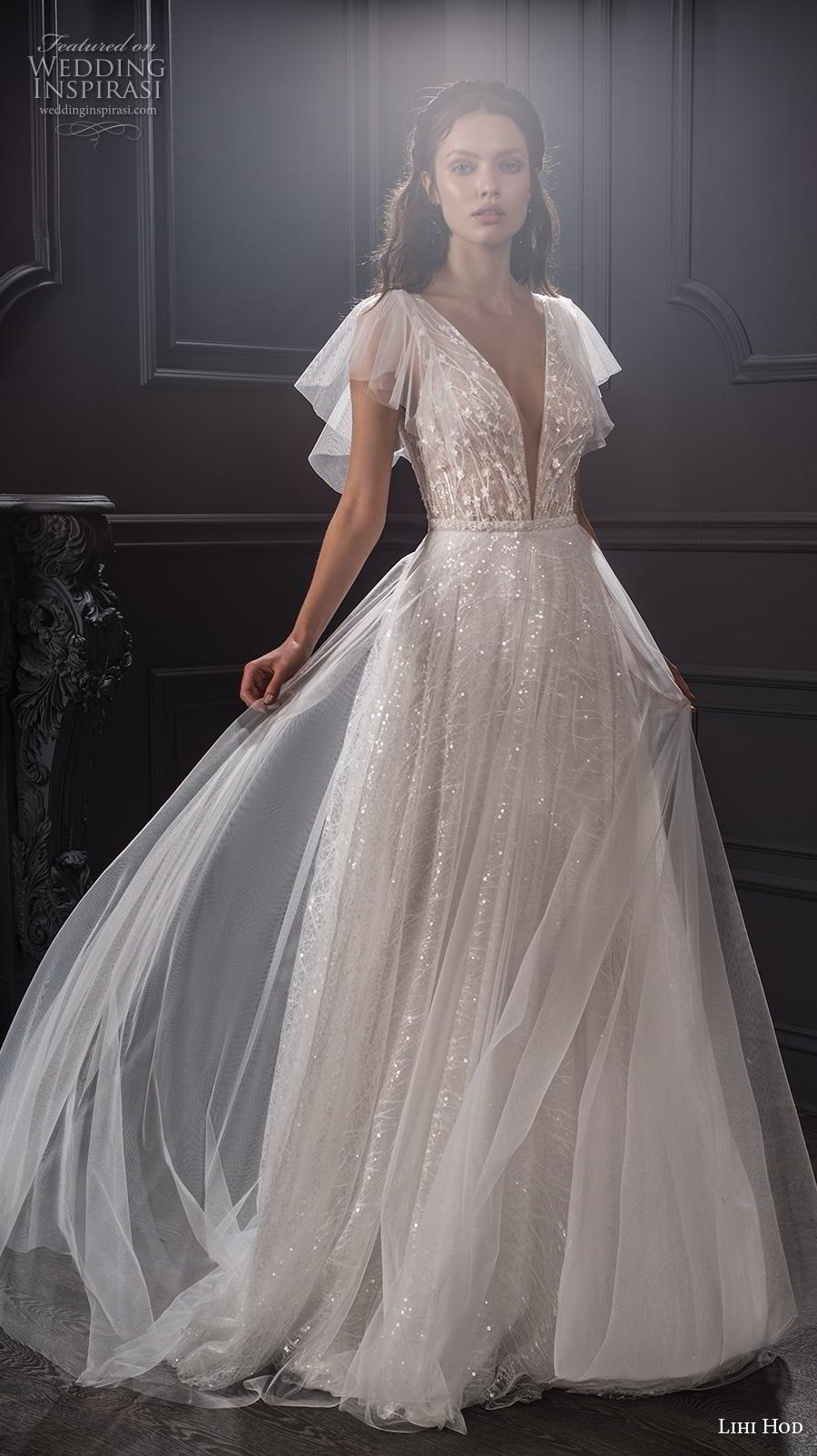 lihi hod spring 2020 bridal butterfly sleeves deep v neck heavily embellished bodice romantic soft a  line wedding dress medium train (6) mv