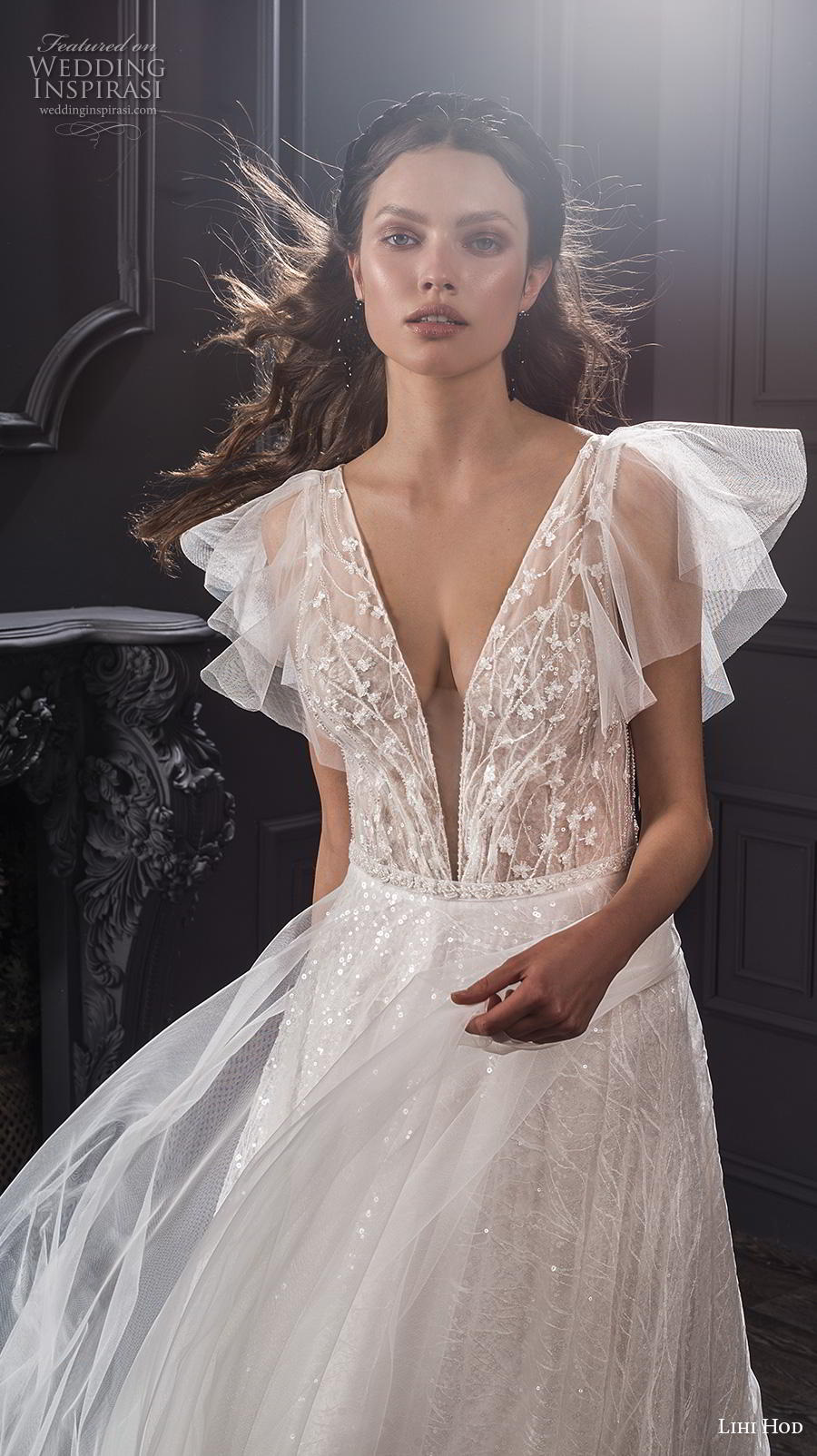 lihi hod spring 2020 bridal butterfly sleeves deep v neck heavily embellished bodice romantic soft a  line wedding dress medium train (6) zv