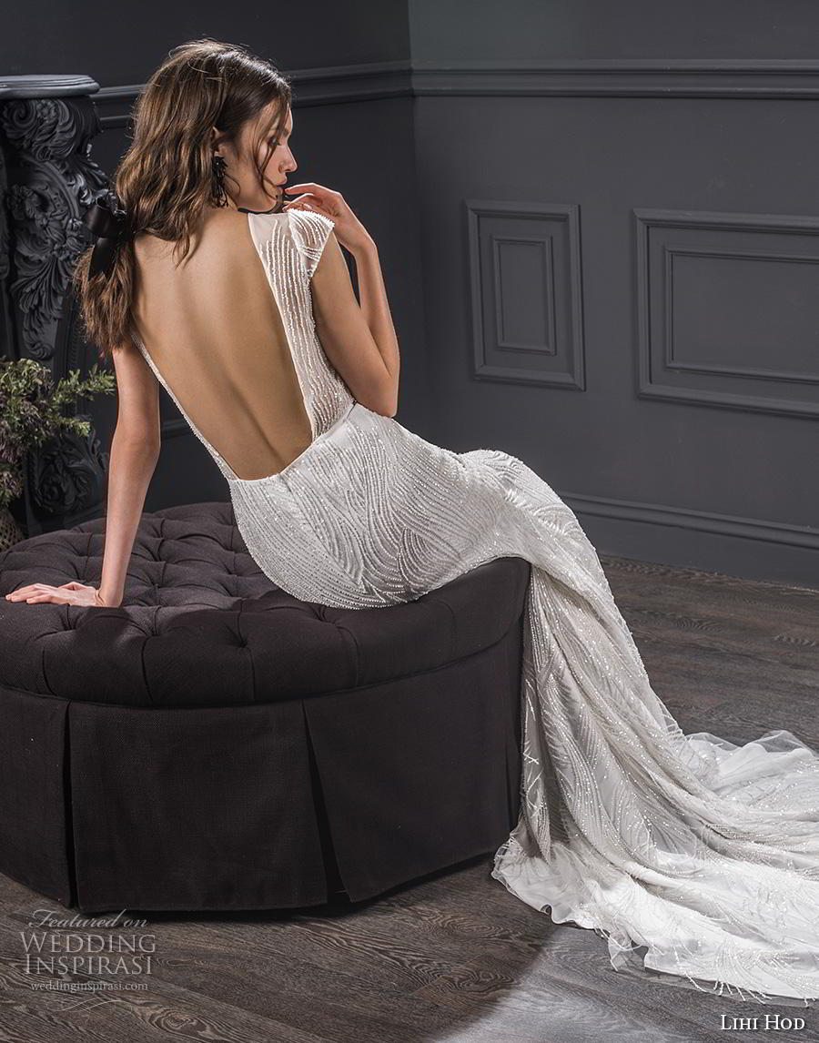 lihi hod spring 2020 bridal cap sleeves illusion bateau deep sweetheart neckline full embellishment elegant fit and flare sheath wedding dress backless low back chapel train (1) bv