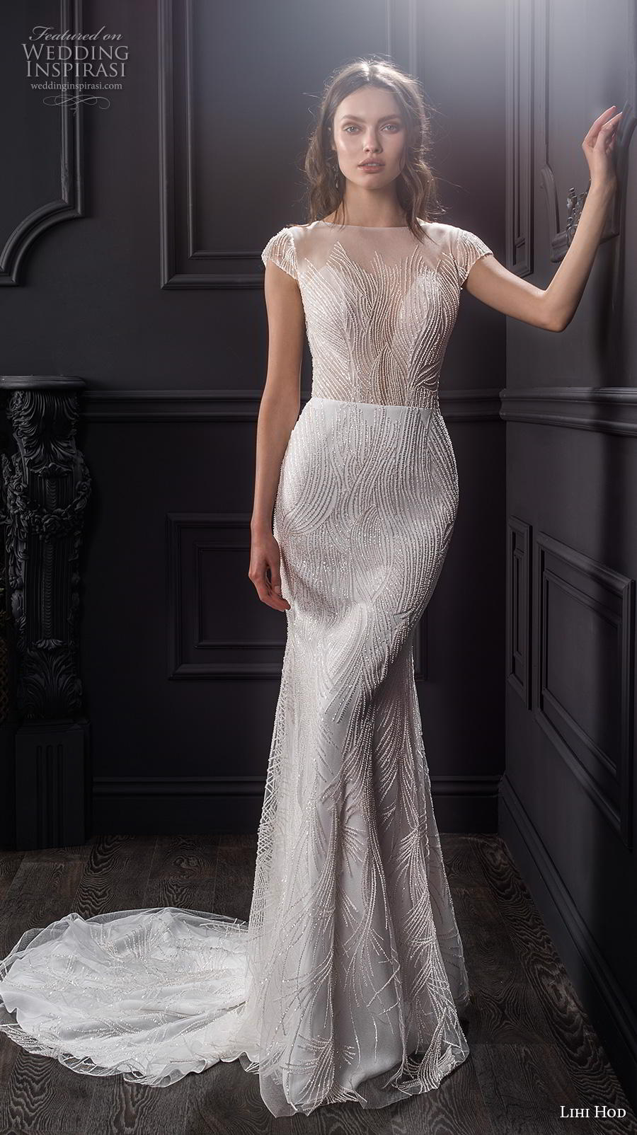 lihi hod spring 2020 bridal cap sleeves illusion bateau deep sweetheart neckline full embellishment elegant fit and flare sheath wedding dress backless low back chapel train (1) mv