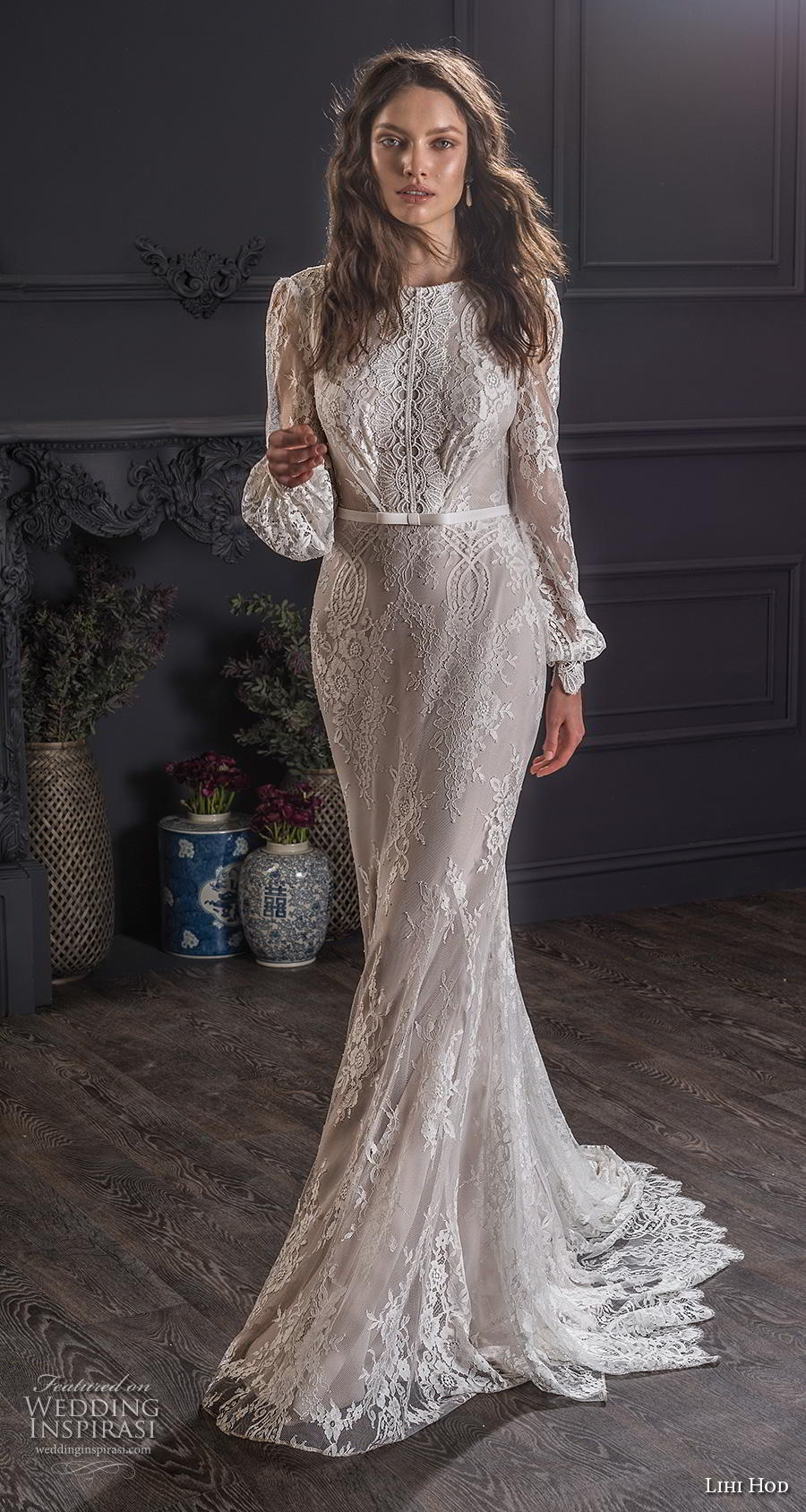 lihi hod spring 2020 bridal long bishop sleeves bateau neckline full embellishment bohemian sheath wedding dress backless low v back short train (3) mv