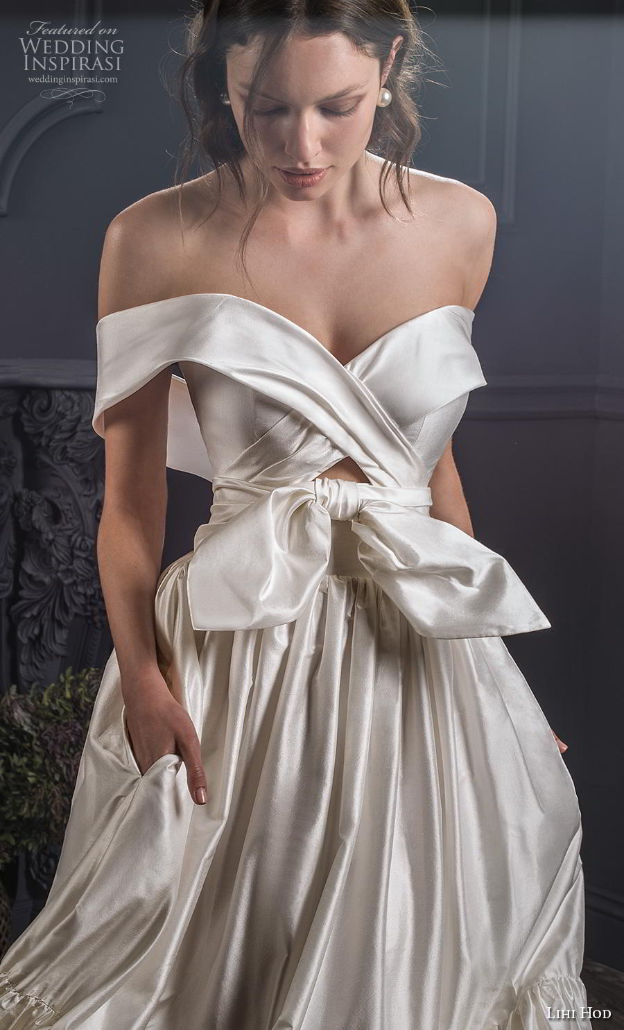 lihi hod spring 2020 bridal off the shoulder sweetheart neckline ruched bodice ruched skirt simple romantic ball gown a  line wedding dress short train (2) zv 