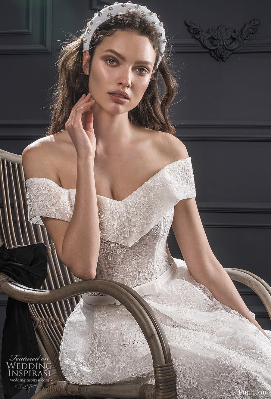 lihi hod spring 2020 bridal off the shoulder v neck full embellishment romantic a  line wedding dress medium train (9) zv