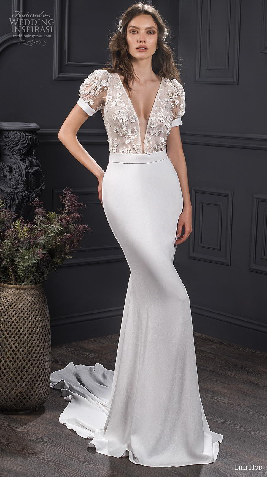 lihi hod spring 2020 bridal short puff sleeves deep v neck heavily embellshed bodice elegant sheath wedding dress medium train (4) mv