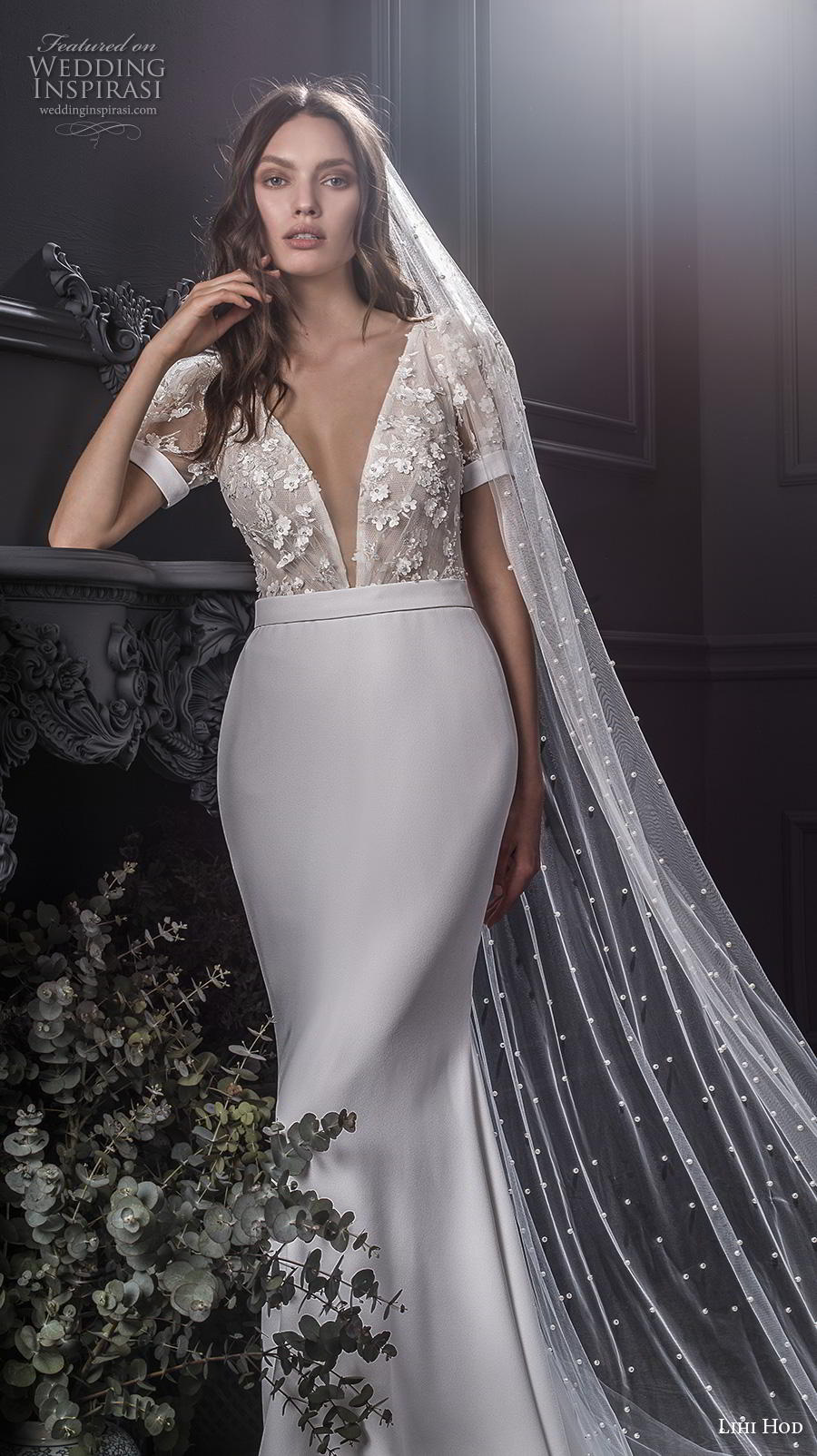 lihi hod spring 2020 bridal short puff sleeves deep v neck heavily embellshed bodice elegant sheath wedding dress medium train (4) zv 