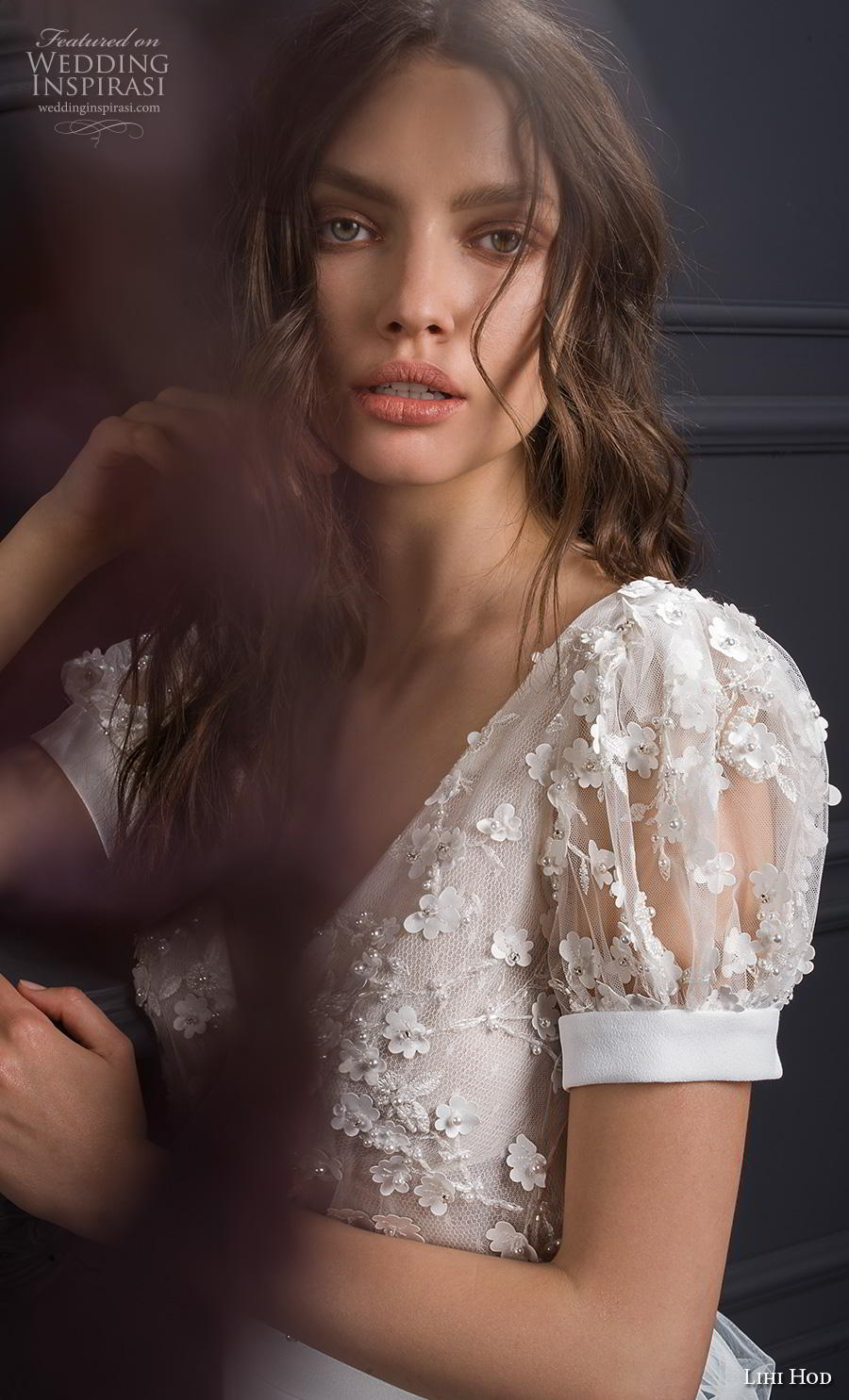 lihi hod spring 2020 bridal short puff sleeves deep v neck heavily embellshed bodice elegant sheath wedding dress medium train (4) zv