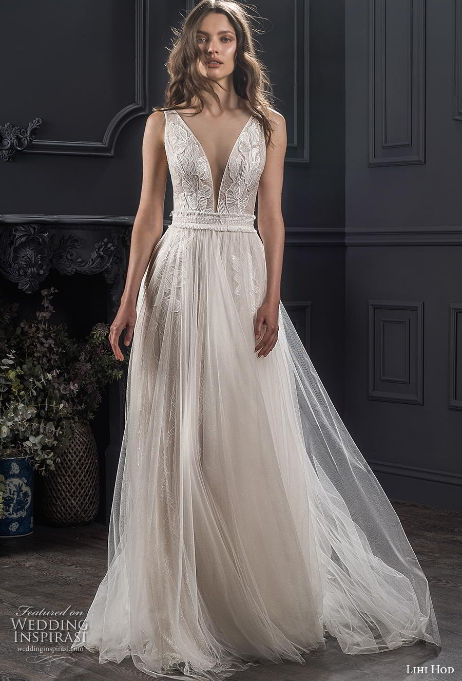 lihi hod spring 2020 bridal sleeveless deep v neck heavily embellished bodice romantic soft a  line wedding dress (10) mv