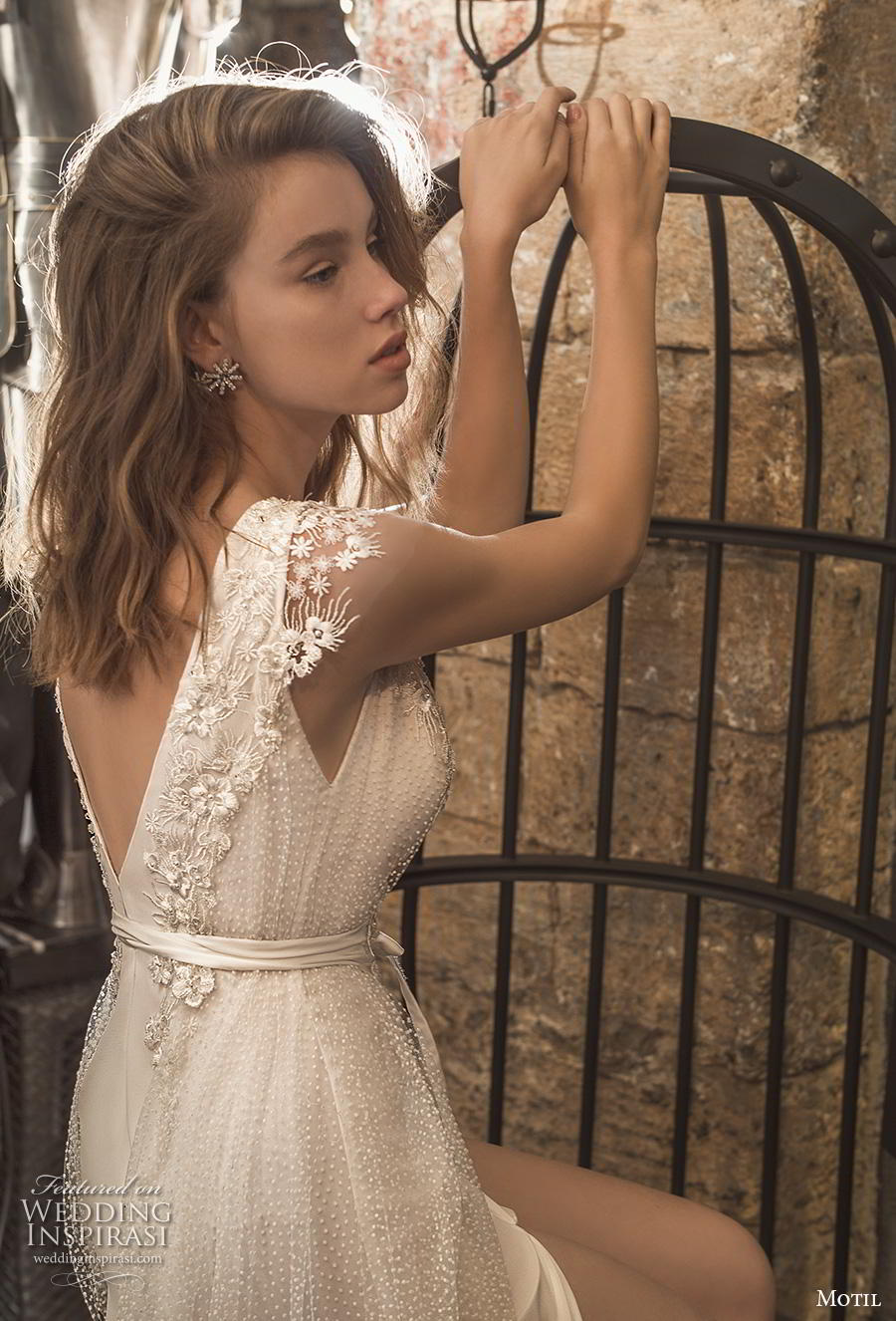 motil 2019 bridal cap sleeves deep plunging v neck heavily embellished bodice slit skirt romantic a  line wedding dress v back (3) zbv
