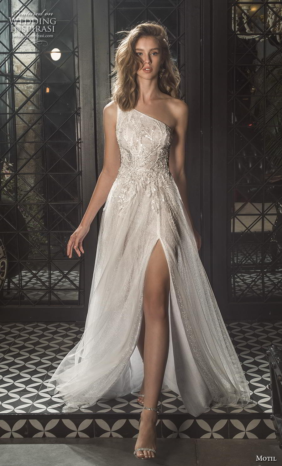 motil 2019 bridal sleeveless one shoulder heavily embellished bodice slit skirt romantic sexy soft a  line wedding dress (2) mv