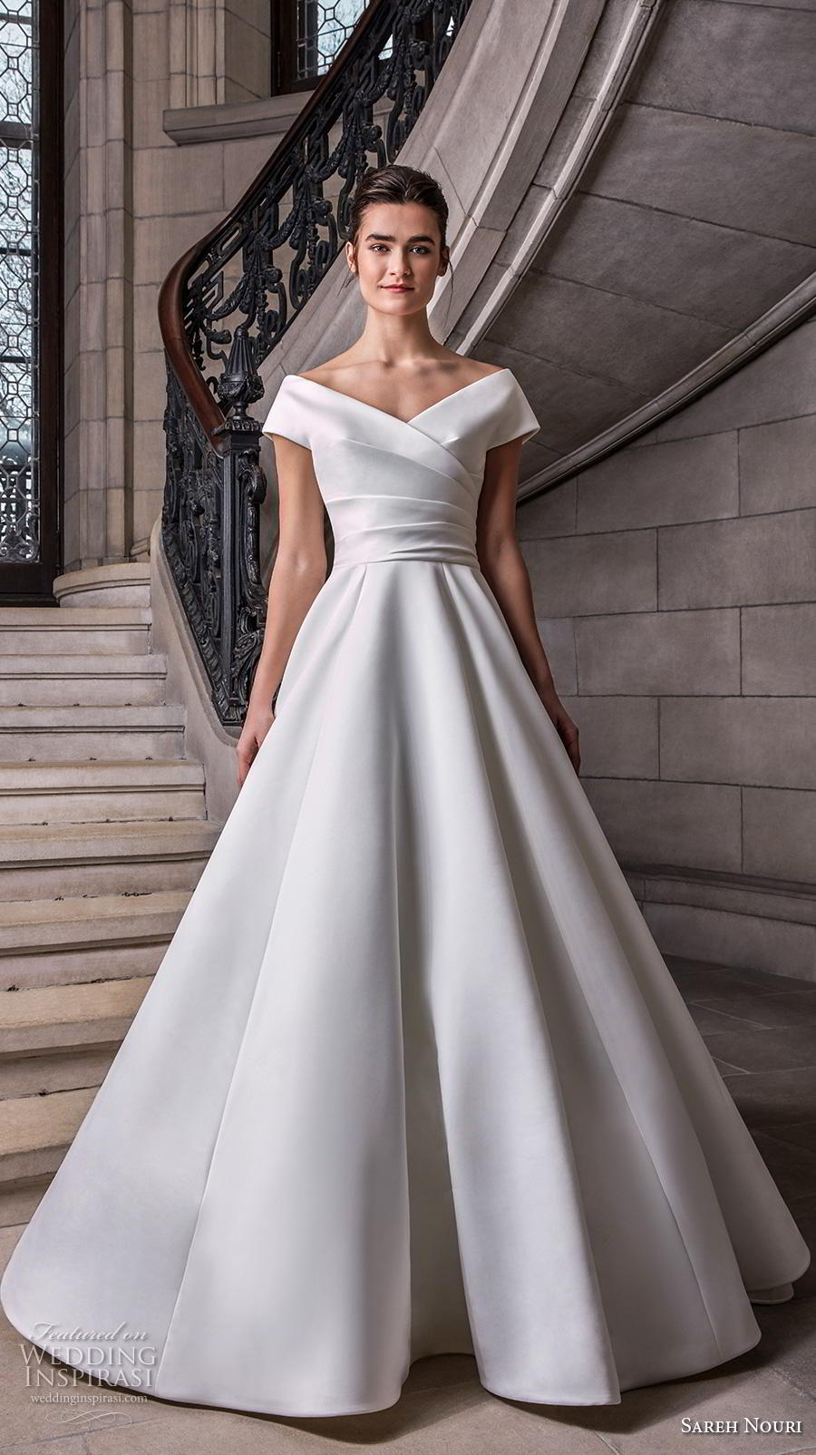 sareh nouri s2020 bridal cap sleeves v neck wrap over simple minimalist elegant princess a  line wedding dress mid back royal train (1) mv 