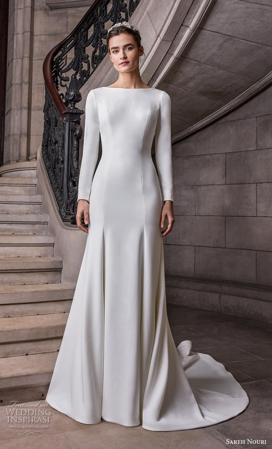 sareh nouri s2020 bridal long sleeves bateau simple minimalist elegant modified a  line wedding dress v back chapel train (12) mv