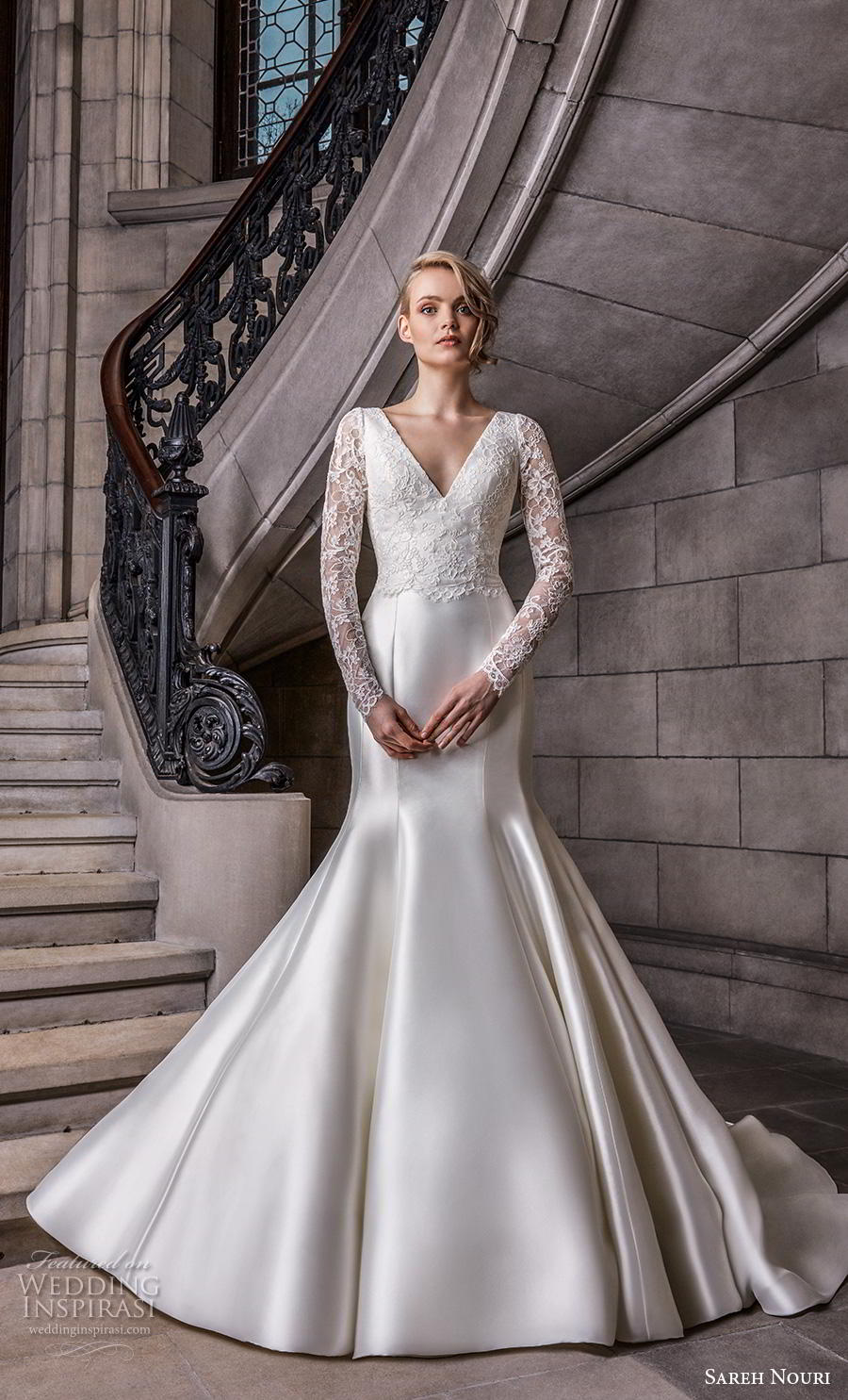 sareh nouri s2020 bridal long sleeves v neck heavily embellished bodice satin elegant trumpet wedding dress backless v back chapel train (3) mv