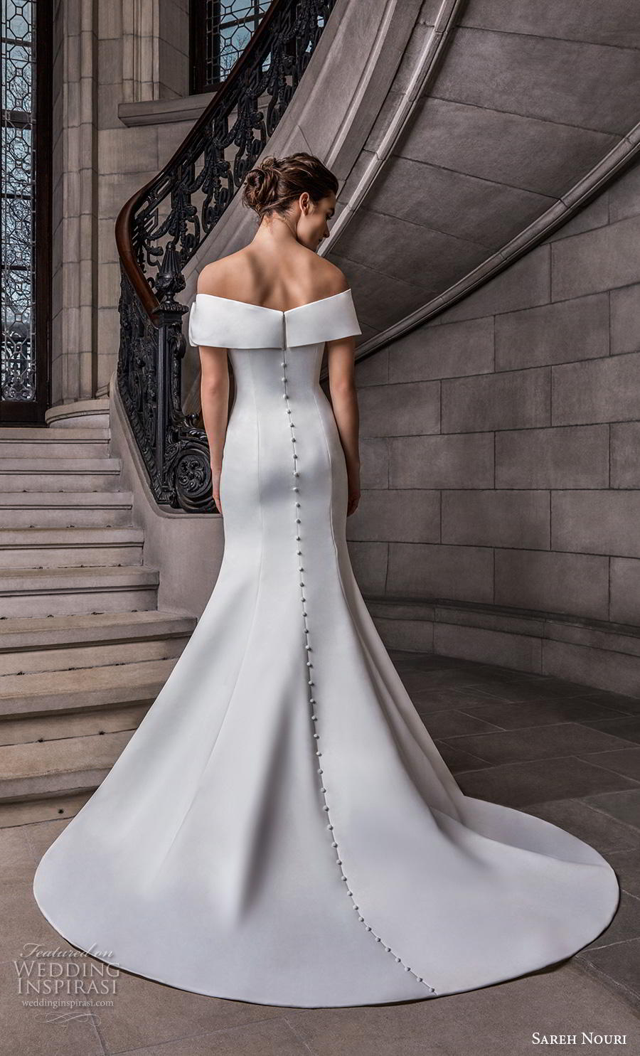 sareh nouri s2020 bridal off the shoulder straight across neckline simple minimalist elegant fit and flare wedding dress mid back chapel train (5) bv