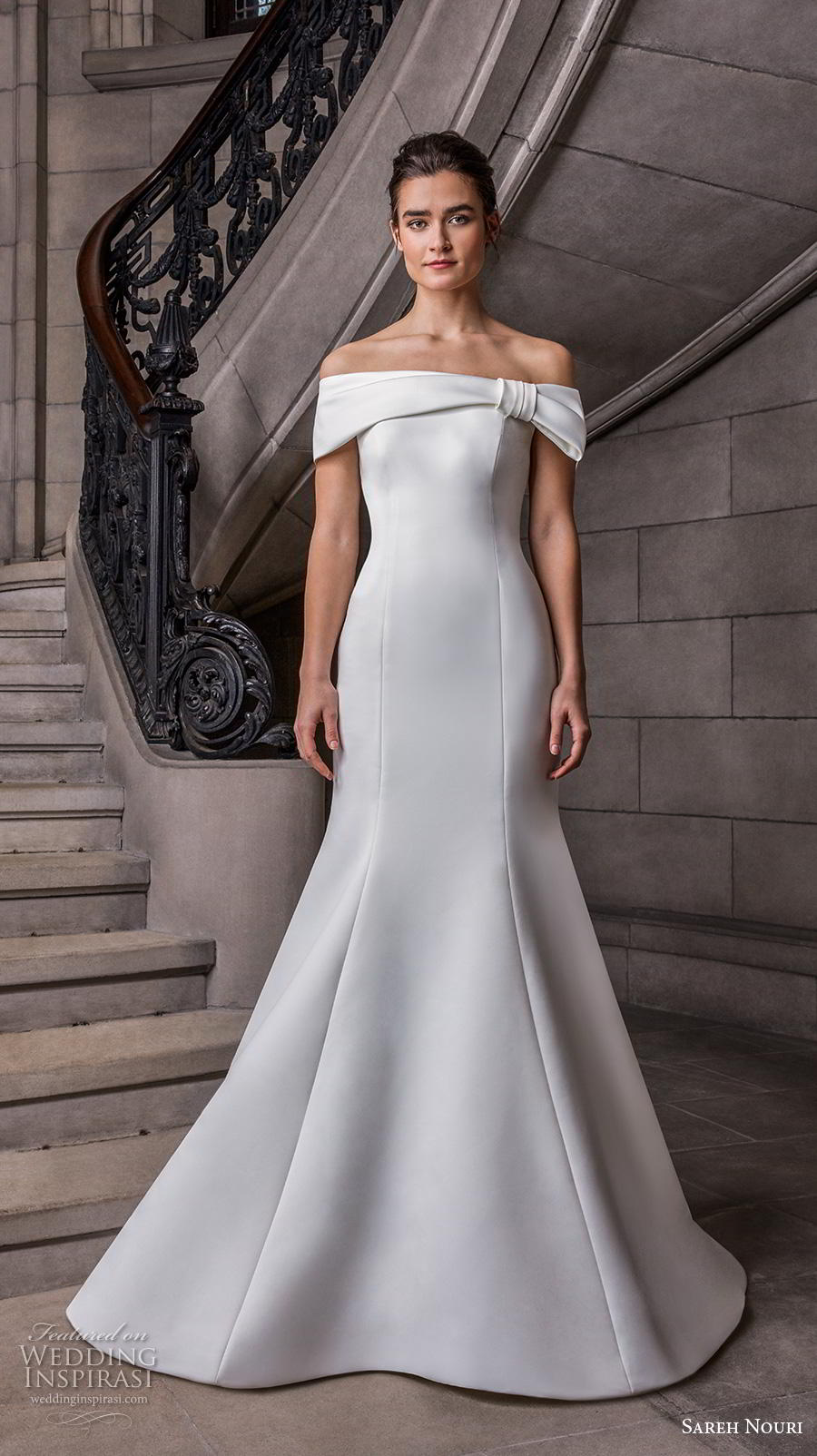 sareh nouri s2020 bridal off the shoulder straight across neckline simple minimalist elegant fit and flare wedding dress mid back chapel train (5) mv