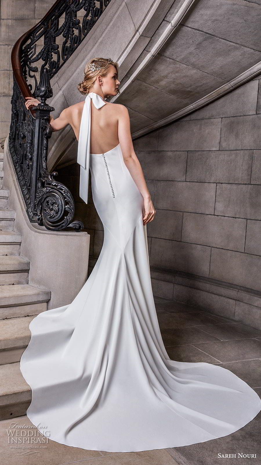 sareh nouri s2020 bridal sleeveless halter neck simple minimalist elegant sheath wedding dress backless chapel train (9) bv