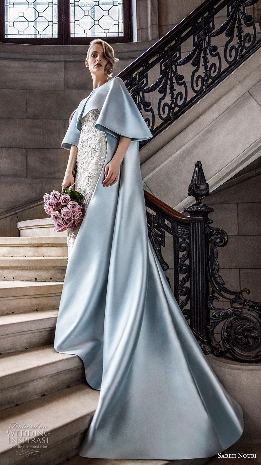 sareh nouri s2020 bridal three quarter bell sleeves bateau neckline blue cape over full embellishment sheath wedding dress chapel train (10) sdv 