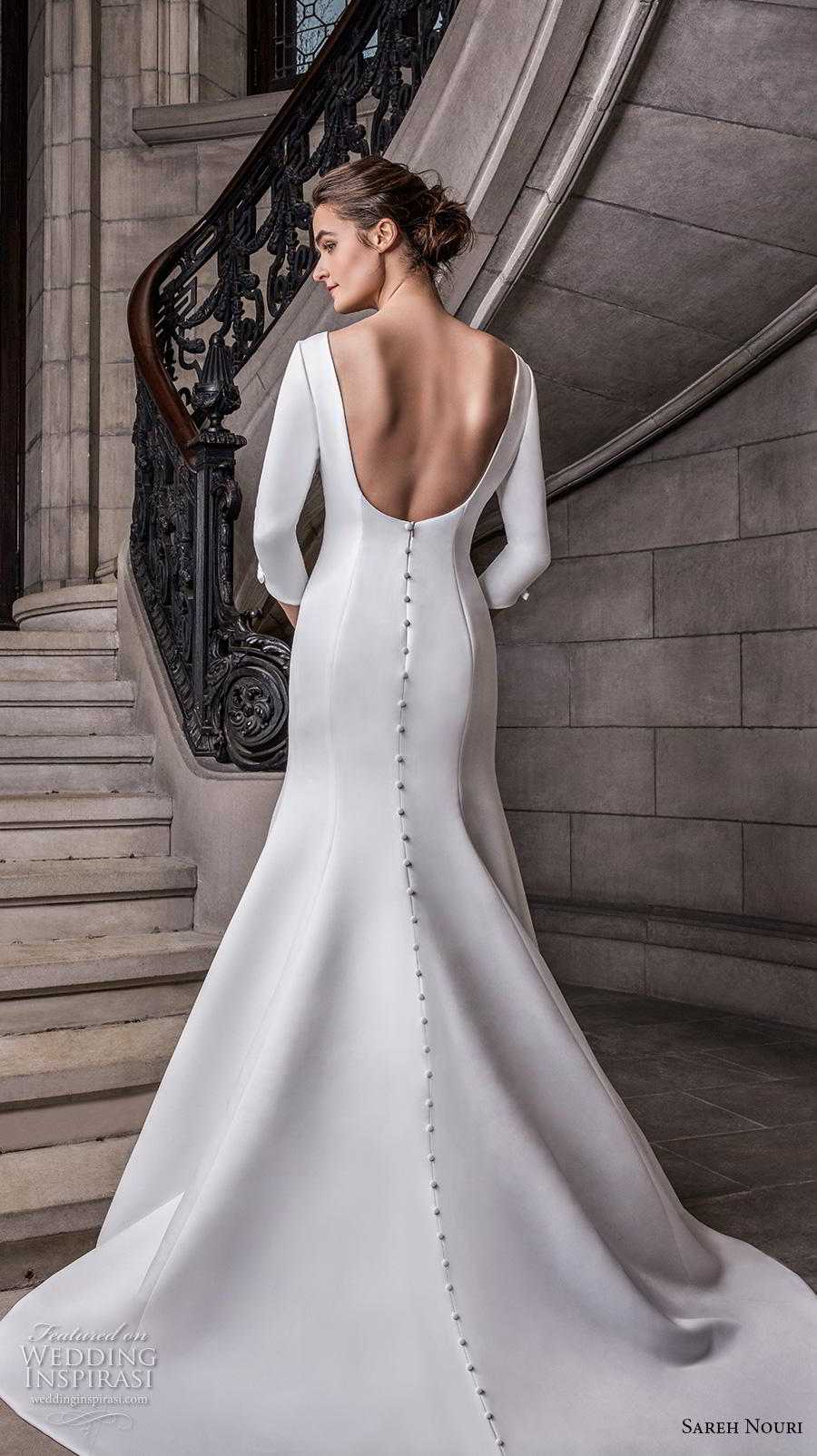 sareh nouri s2020 bridal three quarter sleeves bateau neckline simple minimalist elegant trumpet wedding dress backless scoop back chapel train (4) bv