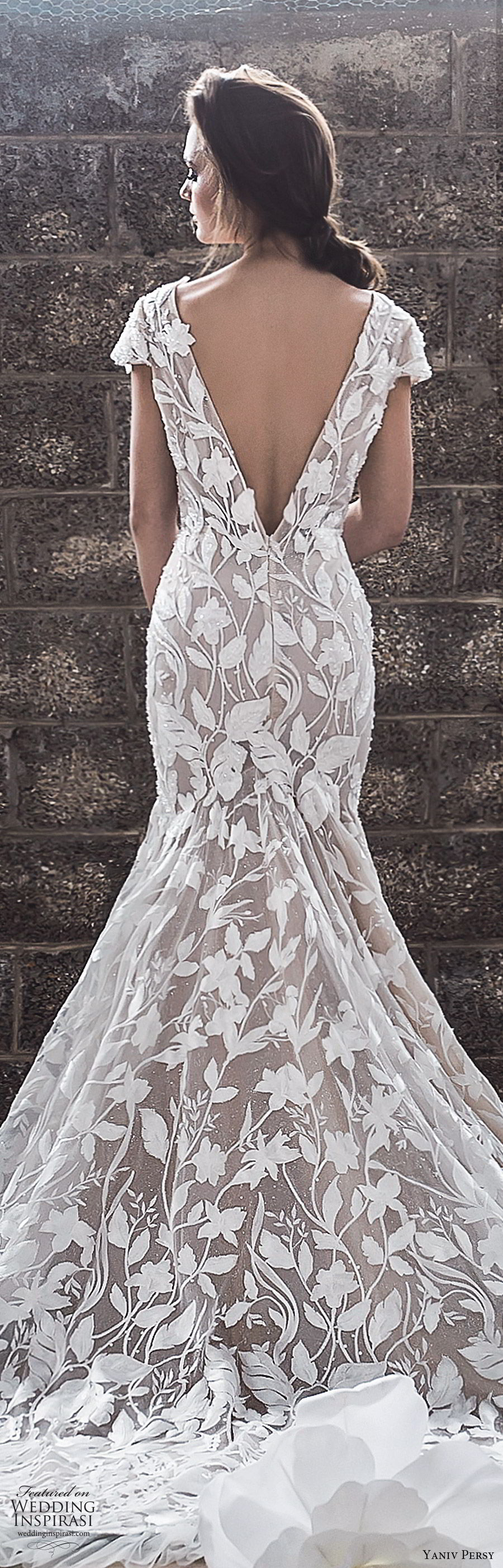 yaniv persy spring 2020 bridal couture cap sleeves deep plunging v neckline heavily embellished sheath wedding dress (3) v back chapel train elegant modern zbv