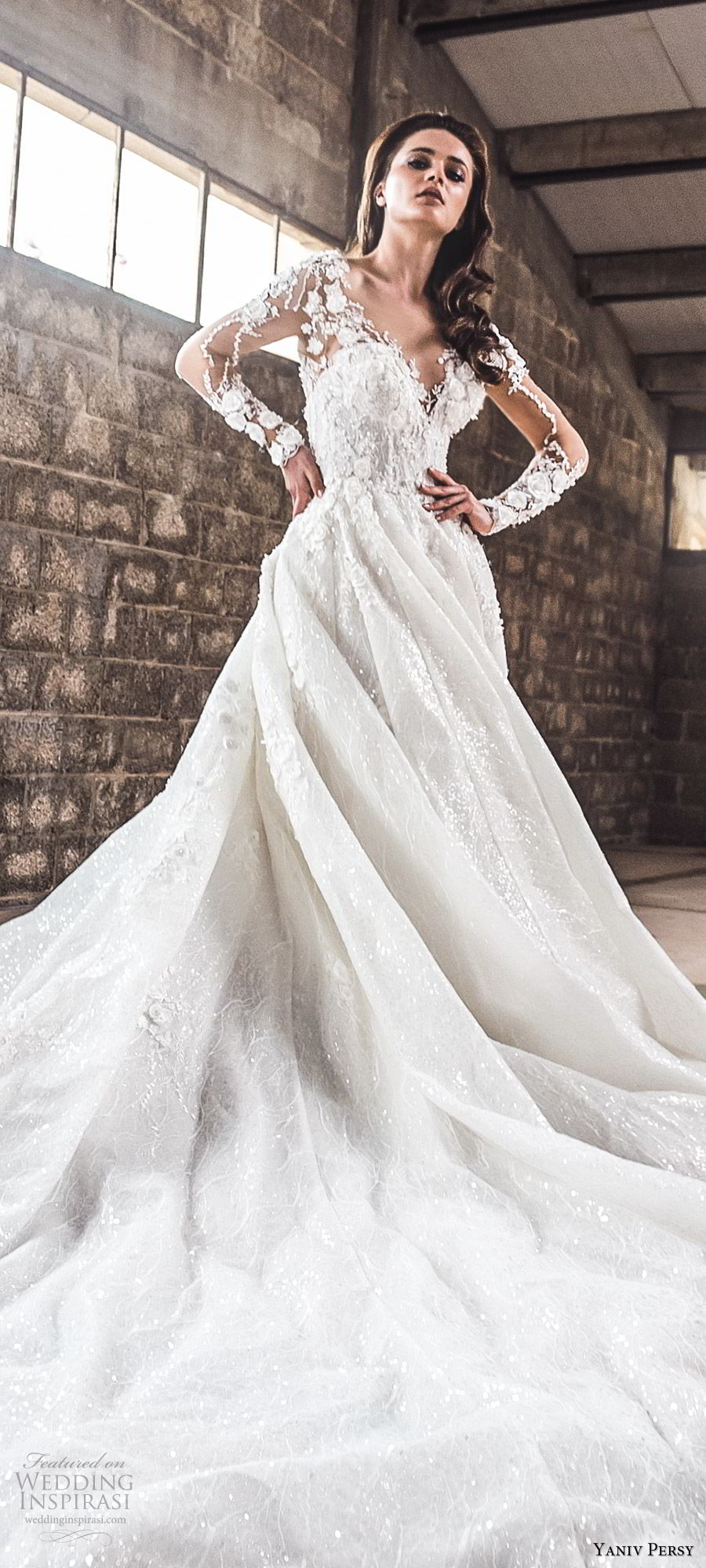 yaniv persy spring 2020 bridal couture illusion long sleeves sheer v neck sweetheart neckline heavily embellished a line ball gown wedding dress (1) cathedral train romantic mv