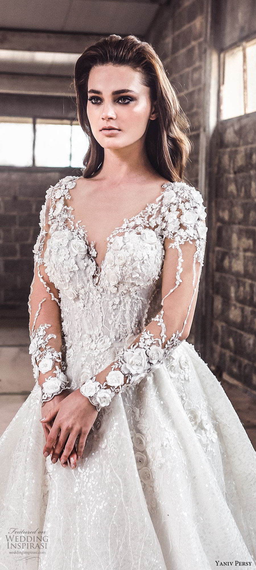 yaniv persy spring 2020 bridal couture illusion long sleeves sheer v neck sweetheart neckline heavily embellished a line ball gown wedding dress (1) cathedral train romantic zv