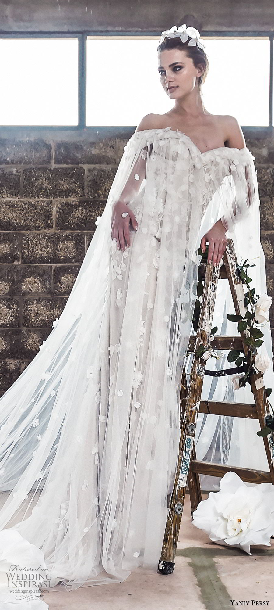 yaniv persy spring 2020 bridal couture off shoulder sweetheart neckline fully embellished trumpet sheath wedding dress (2) sheer cape chapel trian modern elegant lv