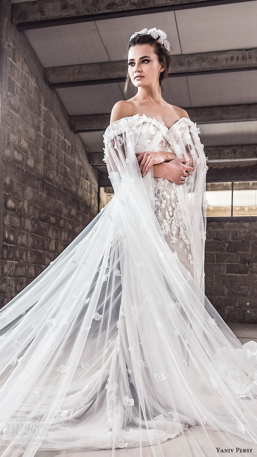 yaniv persy spring 2020 bridal couture off shoulder sweetheart neckline fully embellished trumpet sheath wedding dress (2) sheer cape chapel trian modern elegant mv