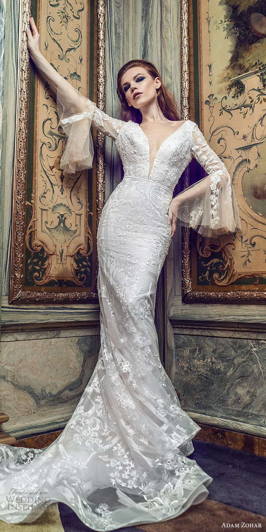 adam zohar 2020 bridal long bell sleeves deep v neckline fully embellished lace sheath mermaid wedding dress (3) boho chic romantic chapel train mv