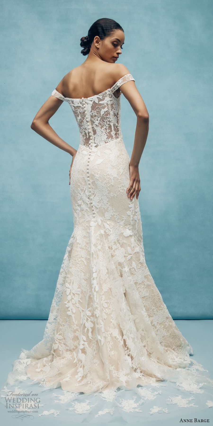 anne barge spring 2020 bridal off shoulder straight across fully embellished lace fit flare modified a line wedding dress (6) elegant chapel train sheer back bv