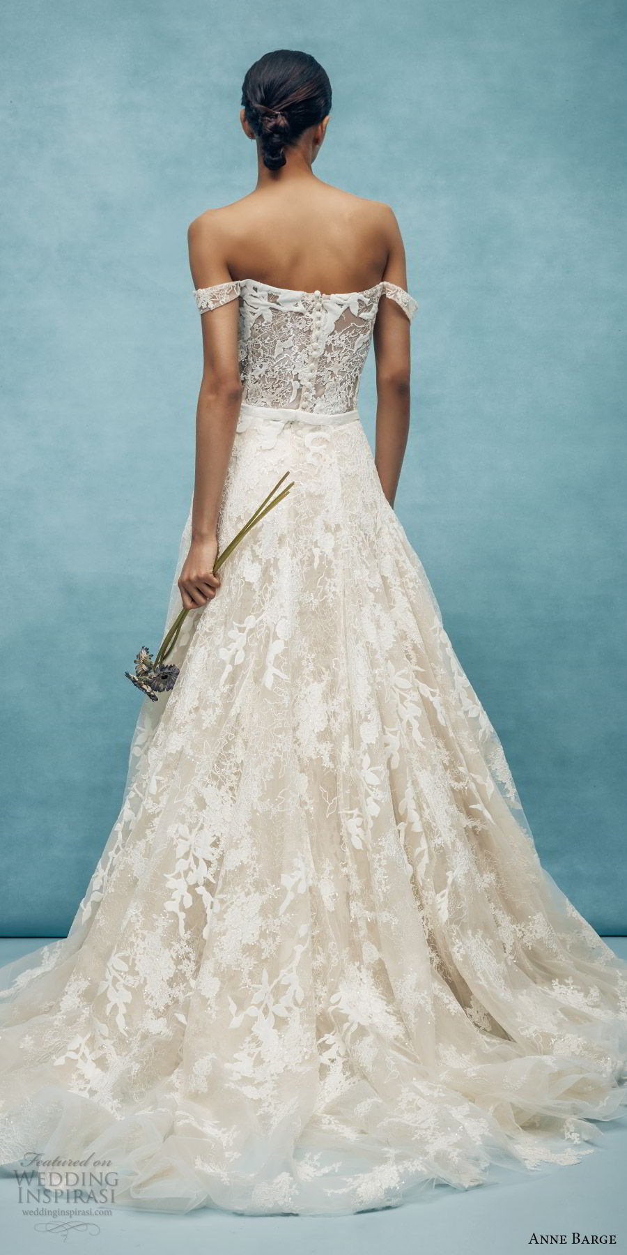 anne barge spring 2020 bridal off shoulder straight across fully embellished lace fit flare modified a line wedding dress (6) elegant overskirt chapel train bv