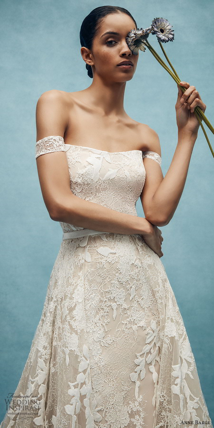 anne barge spring 2020 bridal off shoulder straight across fully embellished lace fit flare modified a line wedding dress (6) elegant overskirt chapel train zv