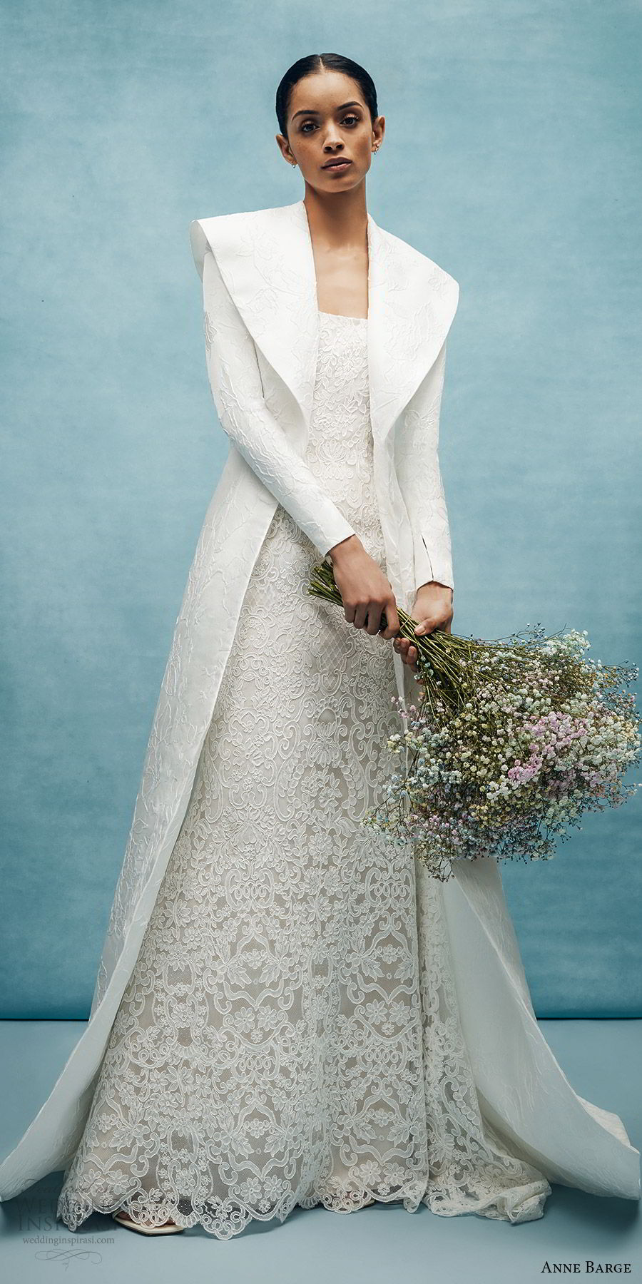 anne barge spring 2020 bridal strapless straight across fully embellished lace sheath wedding dress (3) long sleeve collar jacket elegant chapel train bv