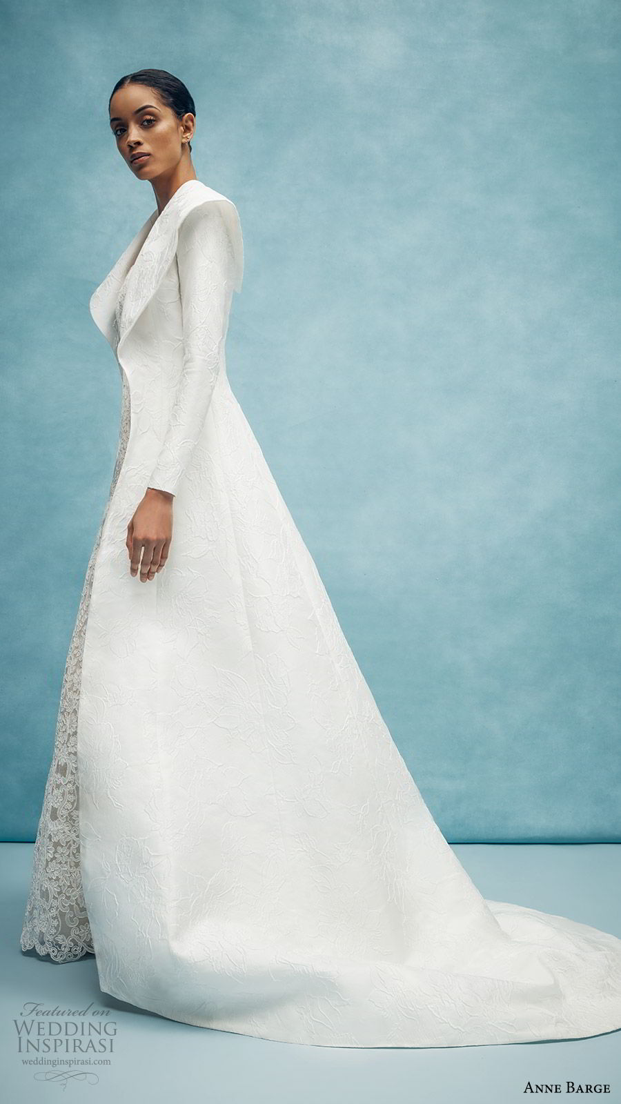 anne barge spring 2020 bridal strapless straight across fully embellished lace sheath wedding dress (3) long sleeve collar jacket elegant chapel train sv