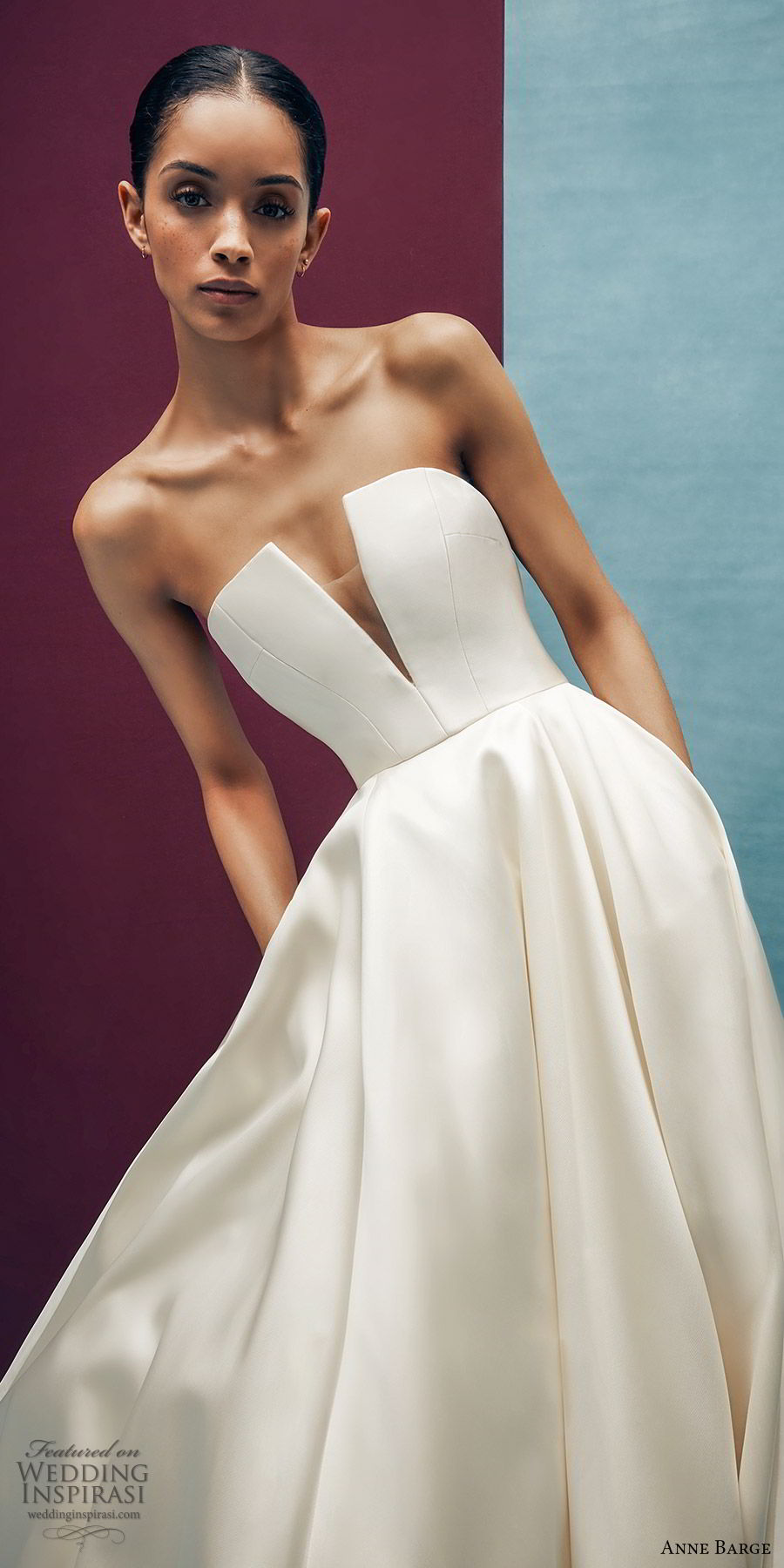 anne barge spring 2020 bridal strapless straight across split v neckline a line ball gown wedding dress (4) elegant minimal modern chapel train zv