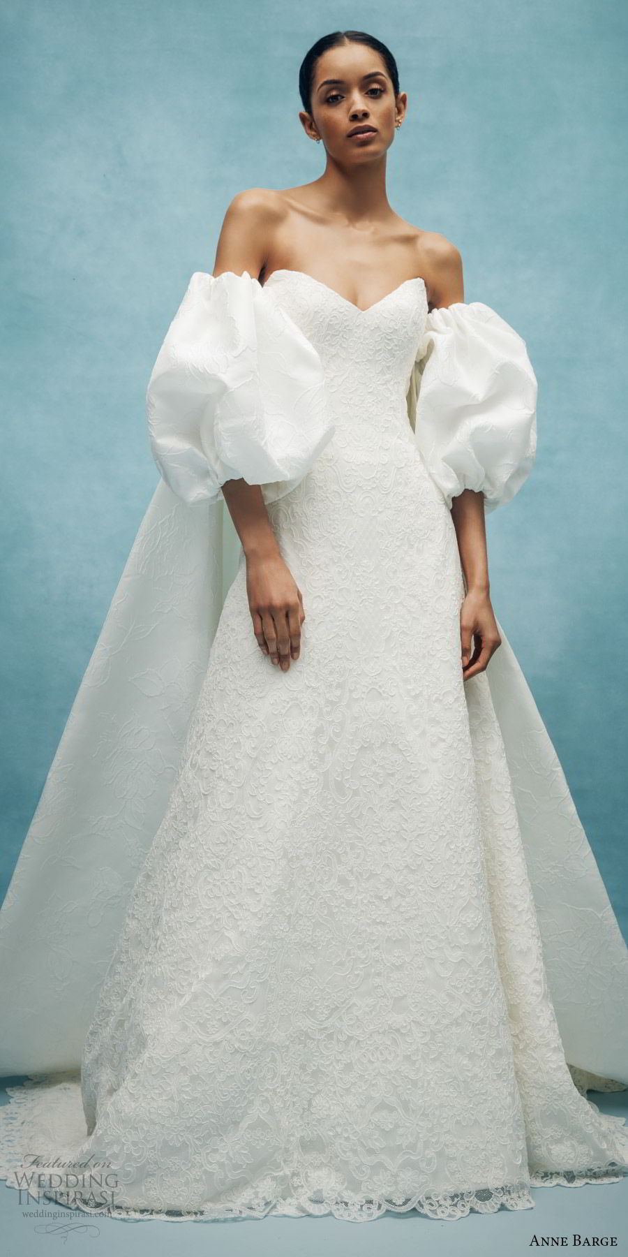 anne barge spring 2020 bridal strapless sweetheart embellished a line wedding dress (2) puff sleeve jacket elegant classic chapel train mv