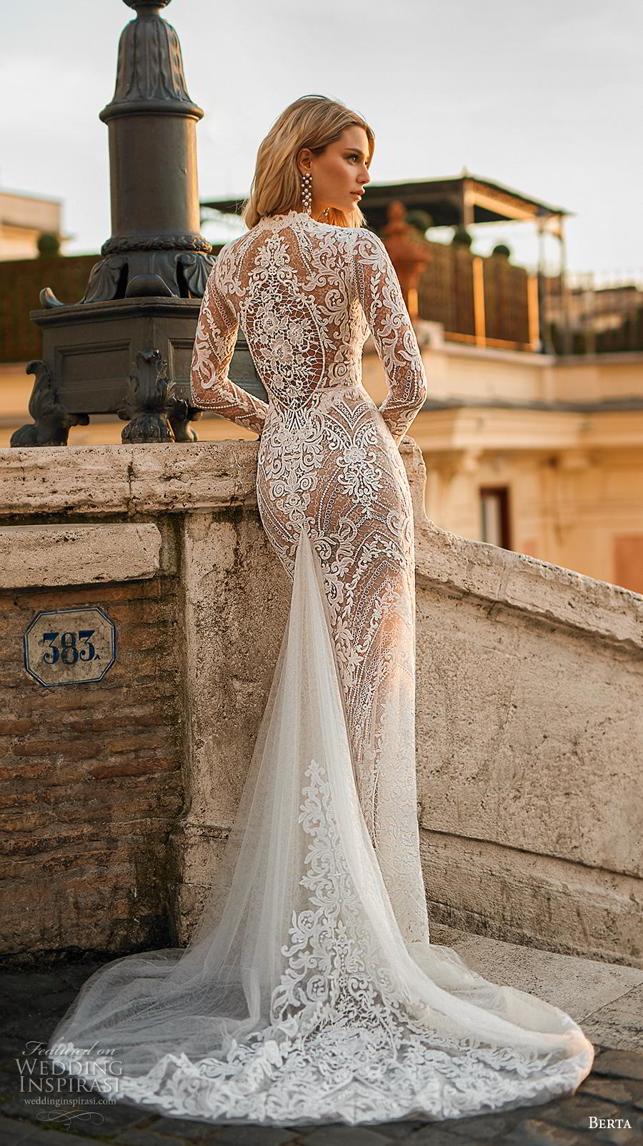 berta 2020 privee bridal long sleeves deep v neck full embellishment sexy elegant sheath wedding dress lace back short train (1) bv